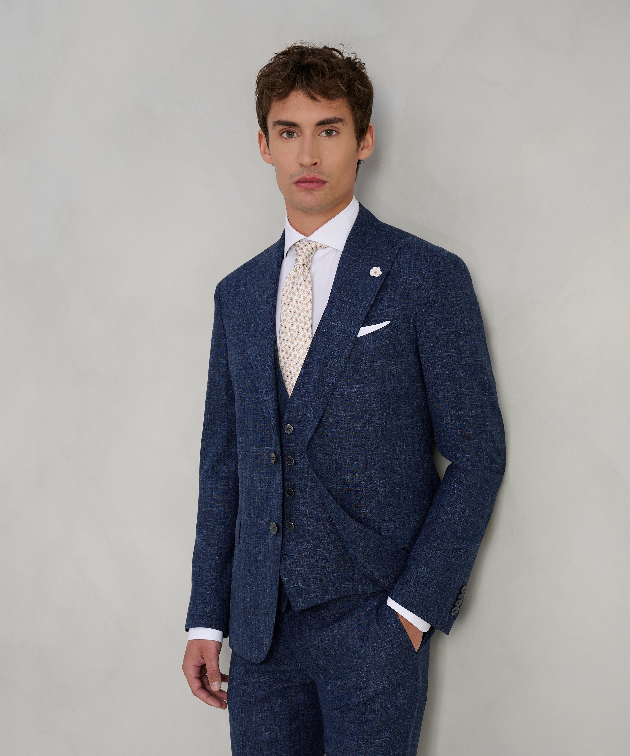 Driedelig pak wol/zijde/linnen donkerblauw