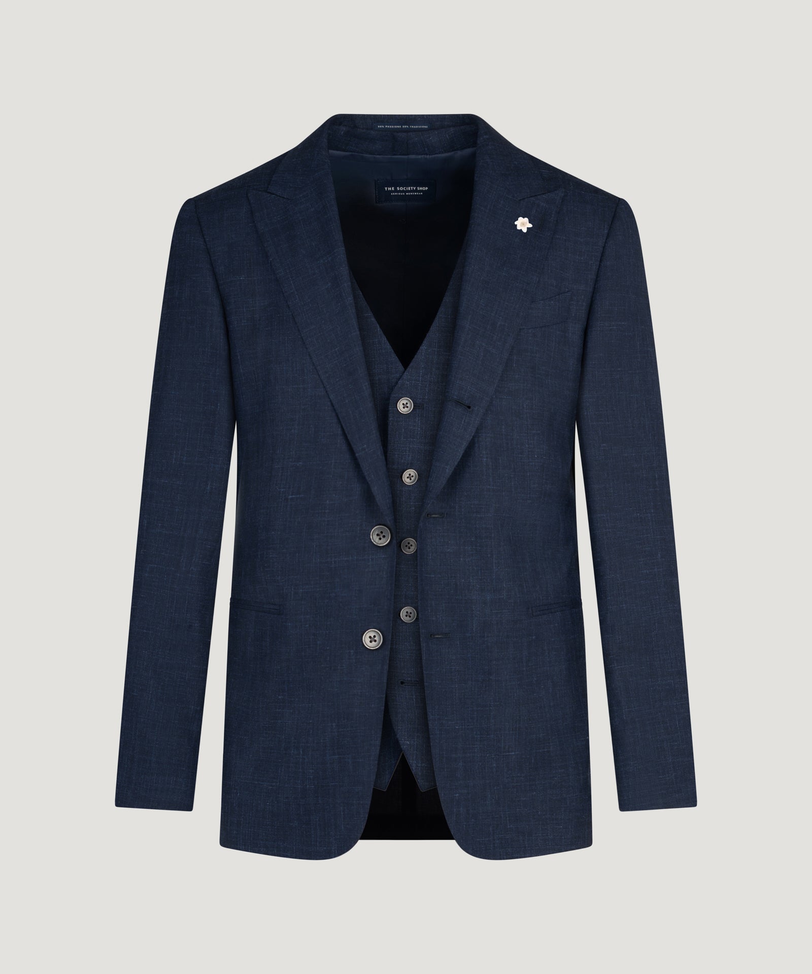Driedelig pak wol/linnen/zijde donkerblauw