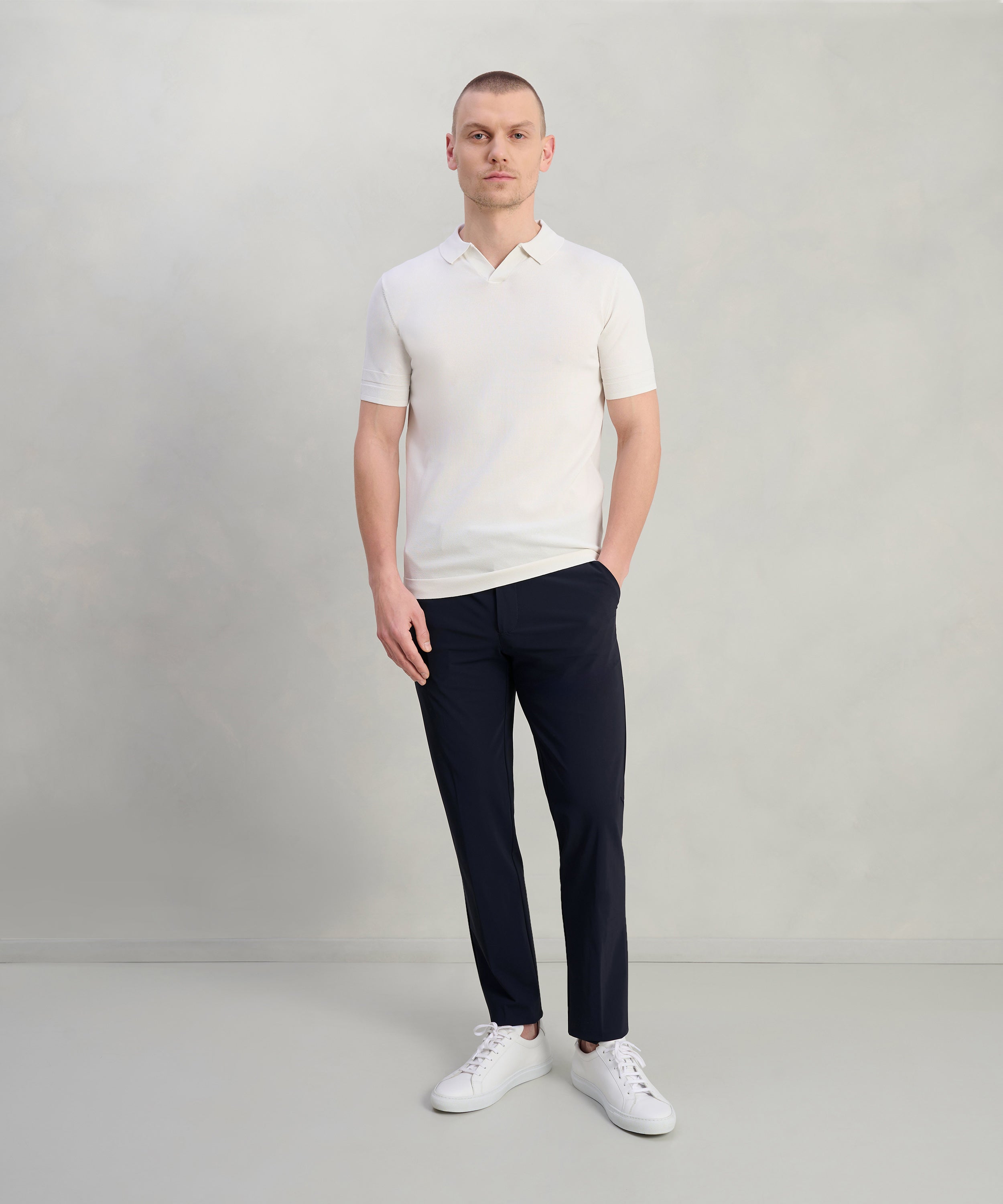 Buttonless tech knit polo viscose/nylon off-white