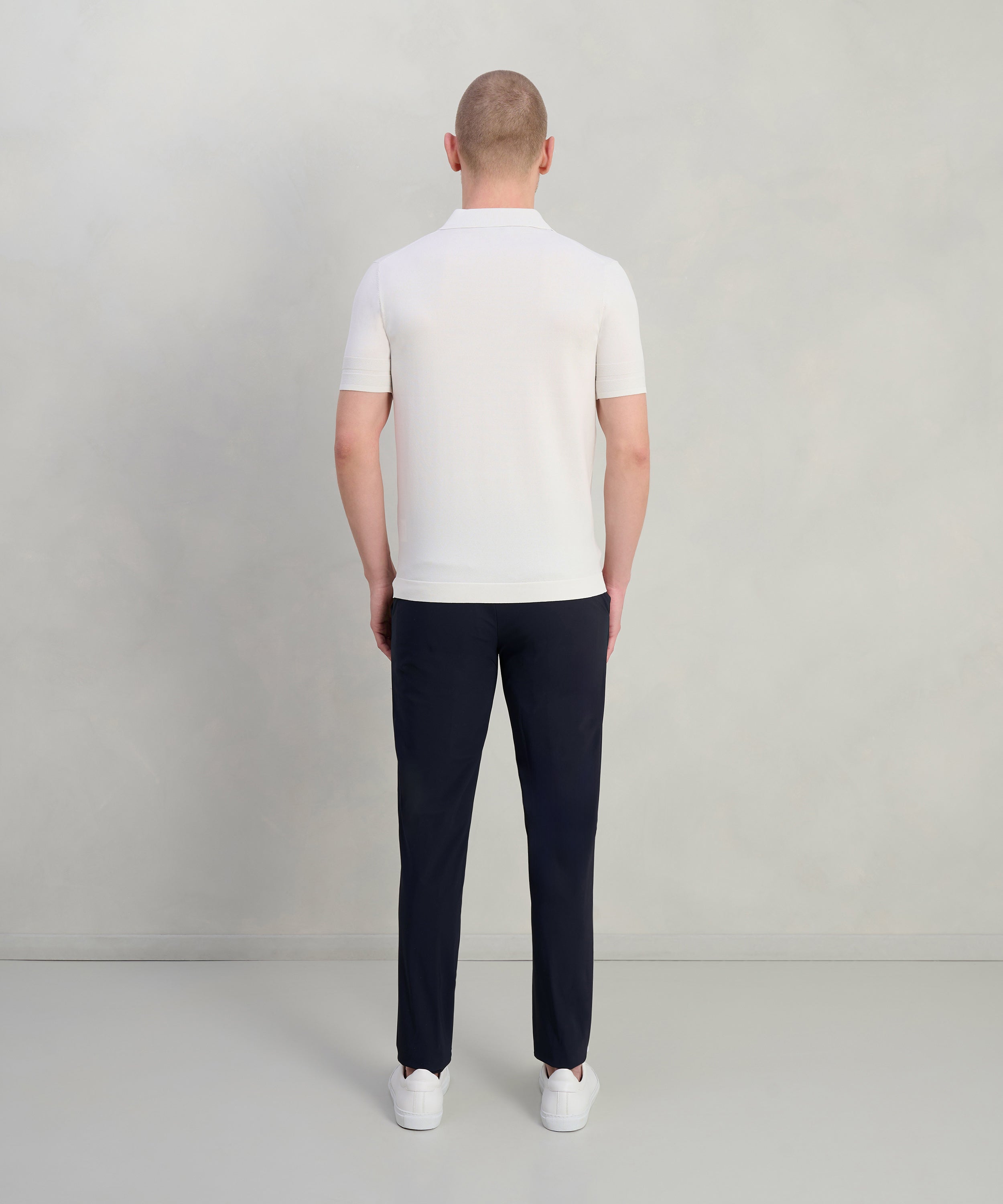 Buttonless tech knit polo viscose/nylon off-white