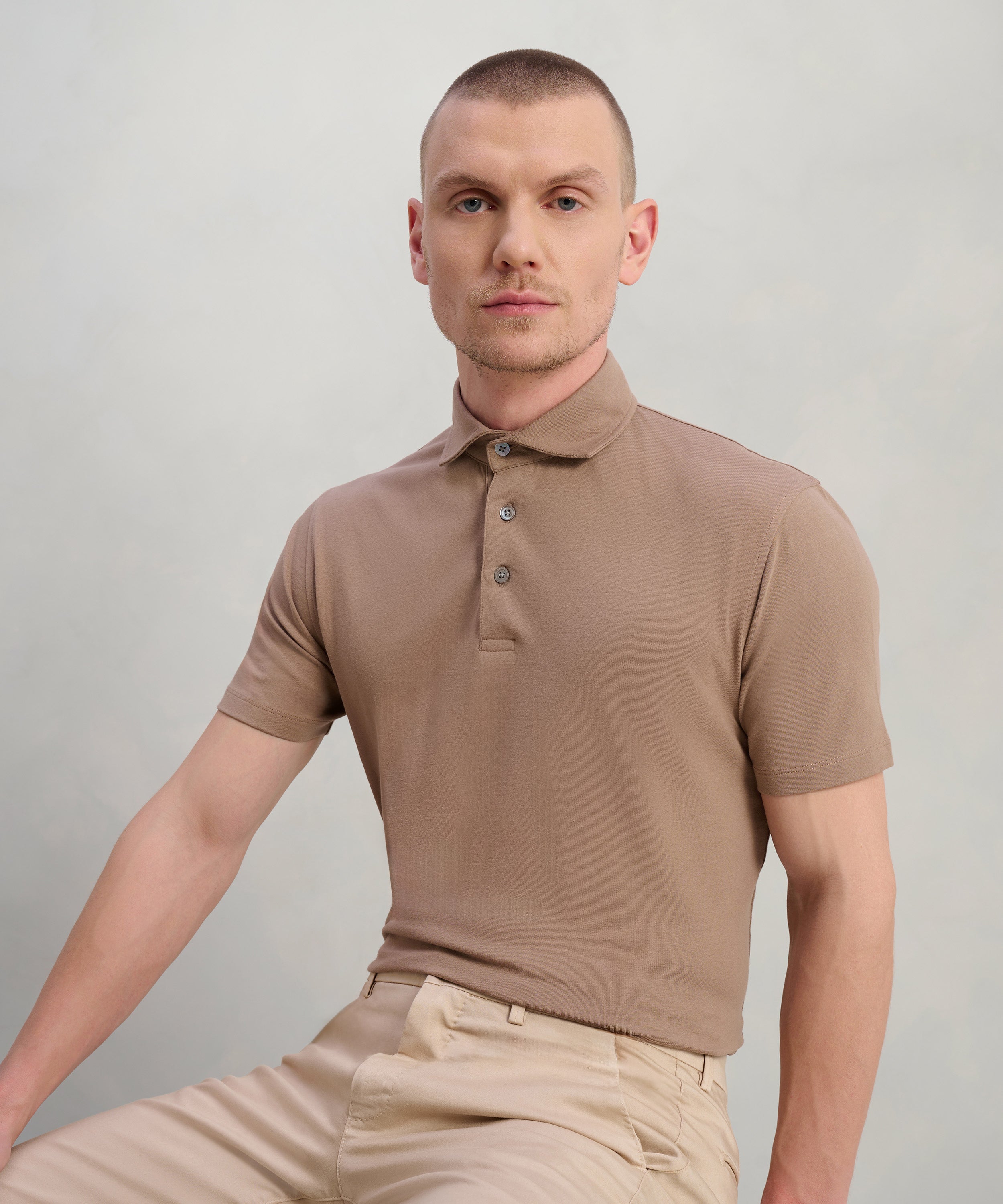 Polo fine cotton jersey stretch mid sand