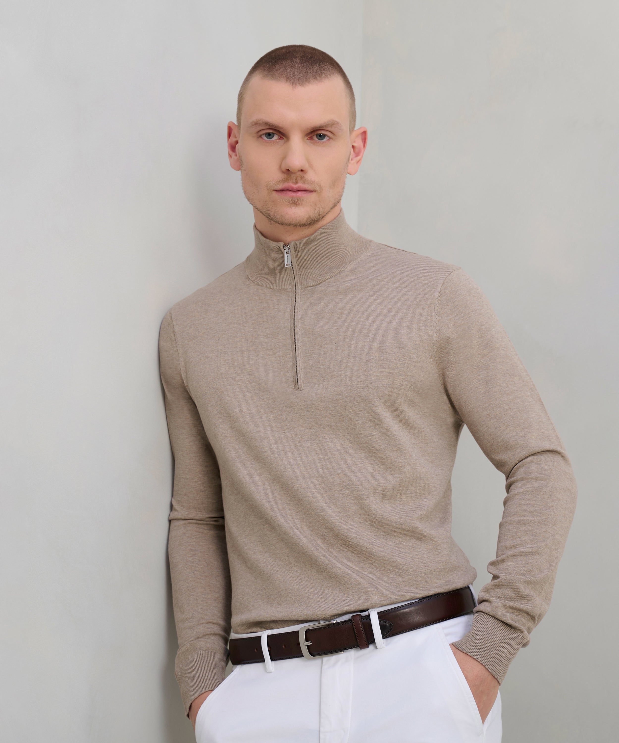Luxury basic half-zip trui Tencel/katoen/zijde beige