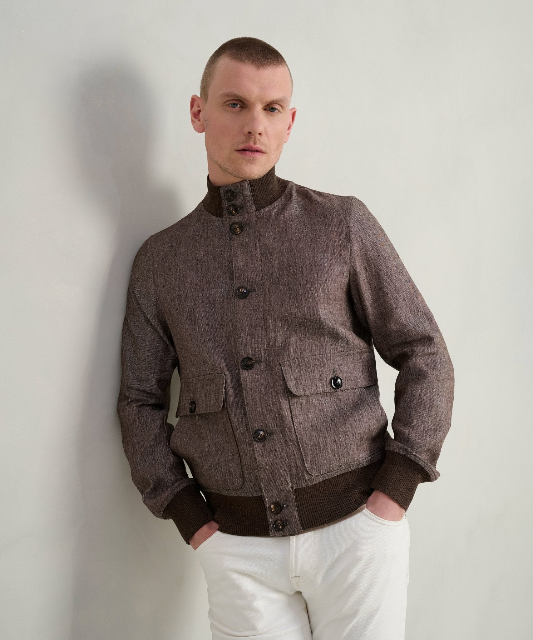 SOCI3TY Bomber jacket linnen donkerbruin - THE SOCIETY SHOP