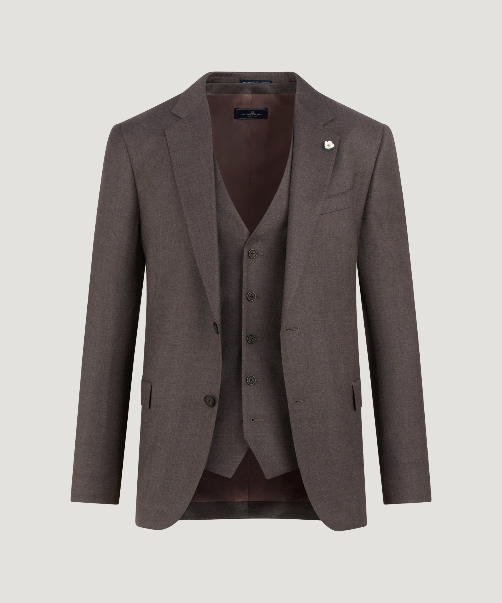 SOCI3TY Limited Driedelig pak Super 130's wol bruin - THE SOCIETY SHOP