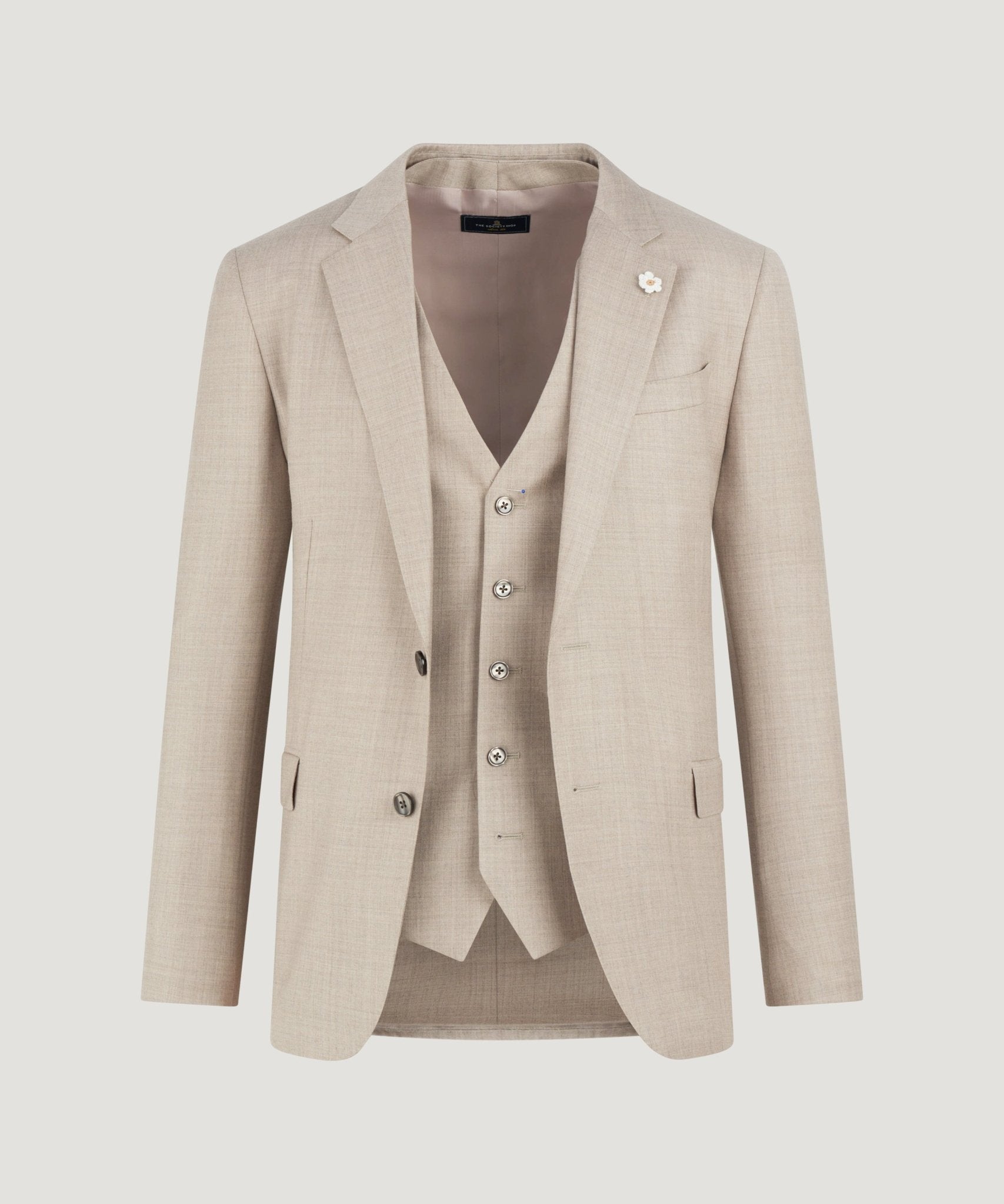 SOCI3TY Limited Driedelig pak Super 130's wol zand - THE SOCIETY SHOP