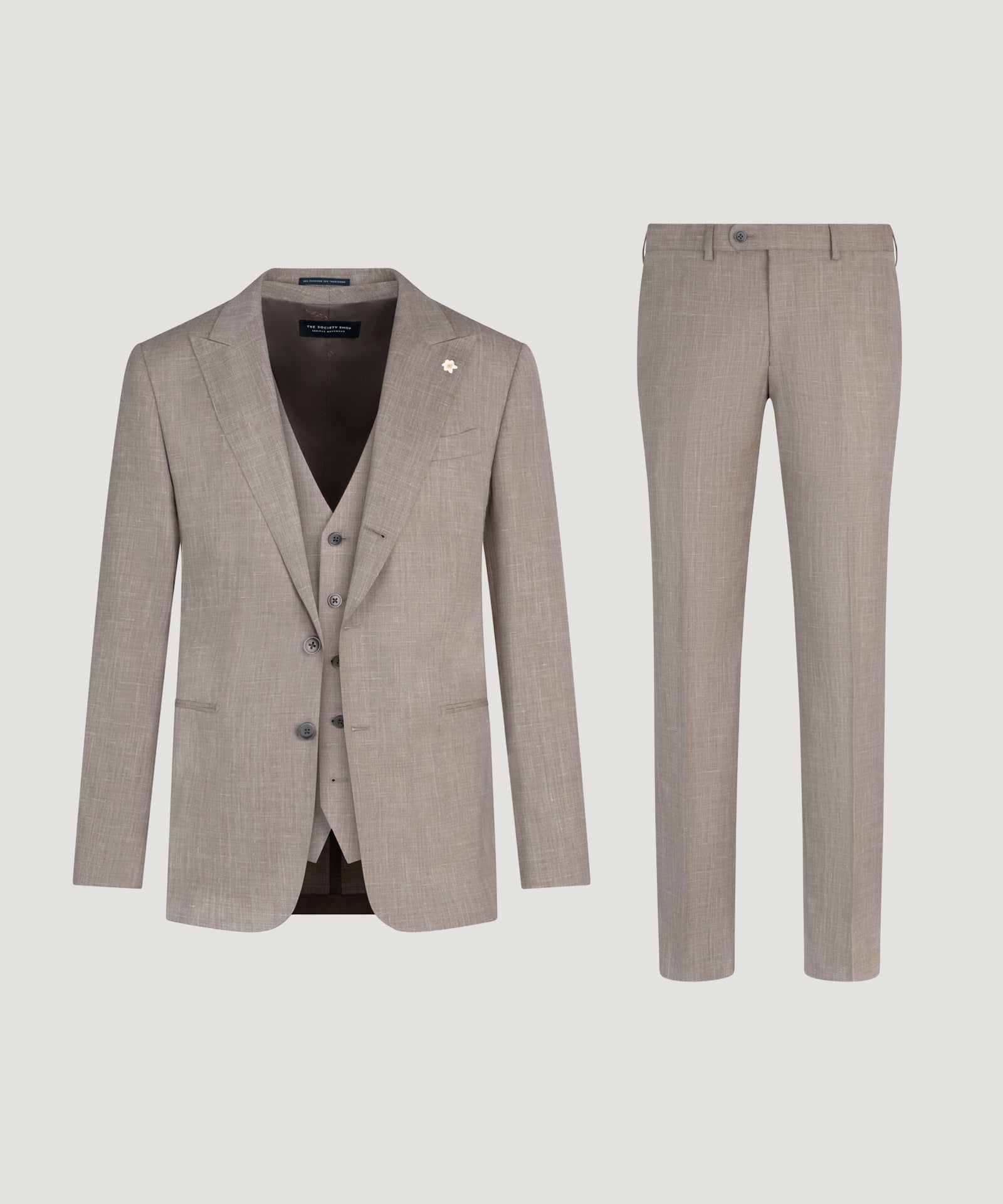SOCI3TY Limited Fashion Driedelig pak wol/linnen/zijde zand - THE SOCIETY SHOP