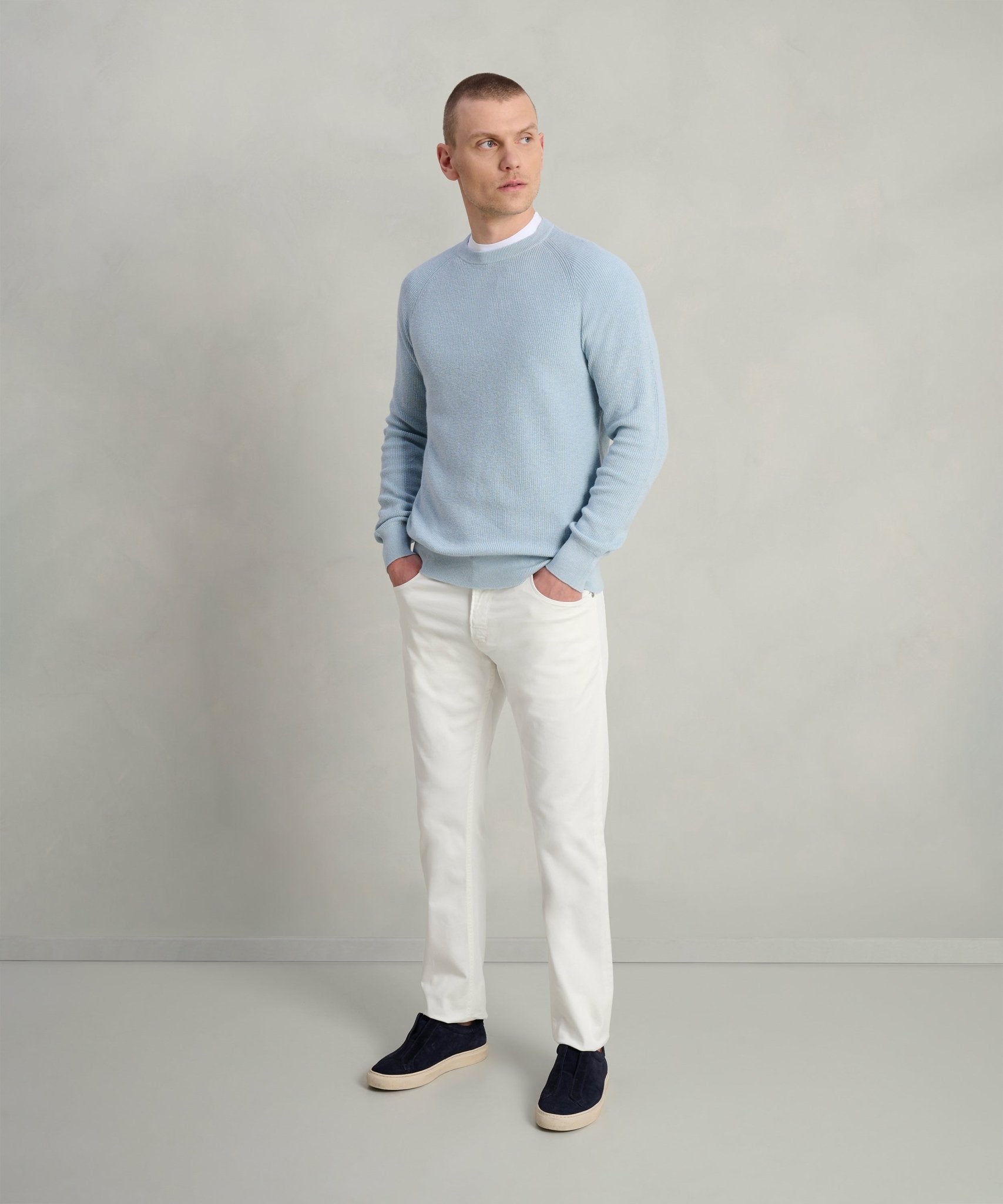 SOCI3TY Fisherman ribbed trui crewneck katoen linnen lichtblauw - THE SOCIETY SHOP