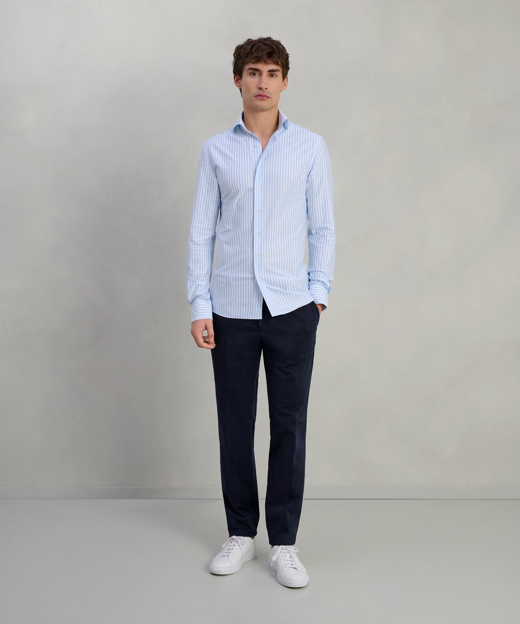 Profuomo Japanese knitted overhemd katoenmix blauw gestreept - The Society Shop