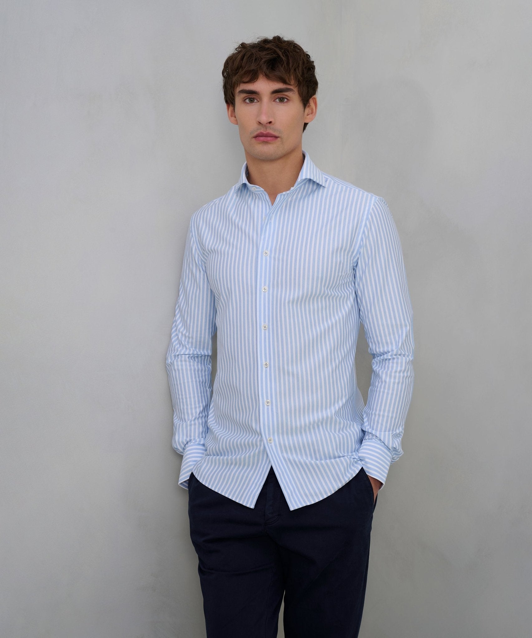 Profuomo Japanese knitted overhemd katoenmix blauw gestreept - The Society Shop