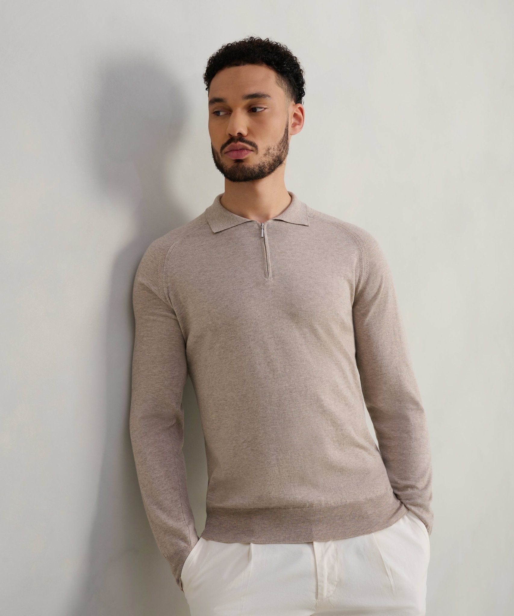SOCI3TY Long sleeve raglan zip polo katoen beige - THE SOCIETY SHOP