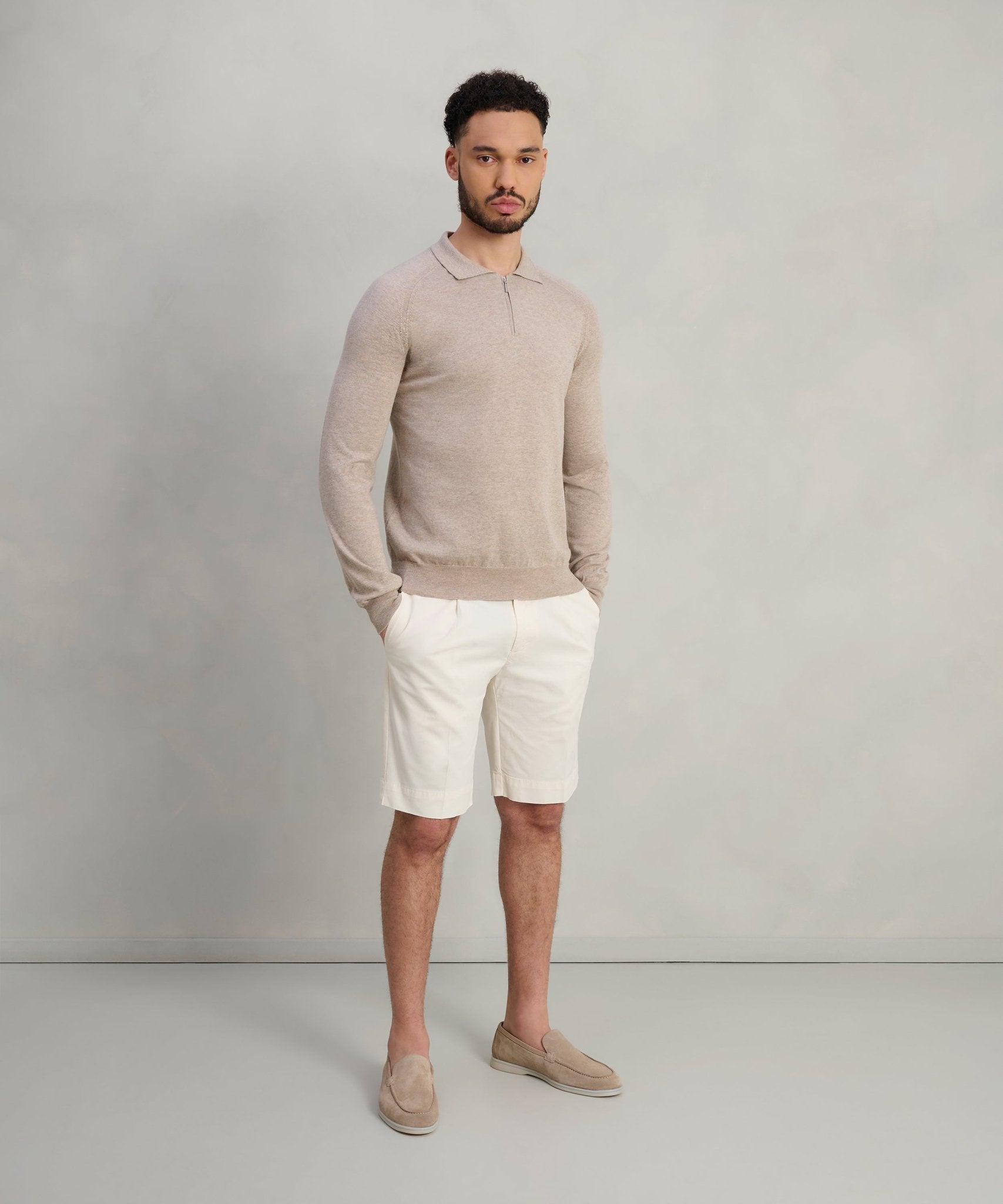 SOCI3TY Long sleeve raglan zip polo katoen beige - THE SOCIETY SHOP