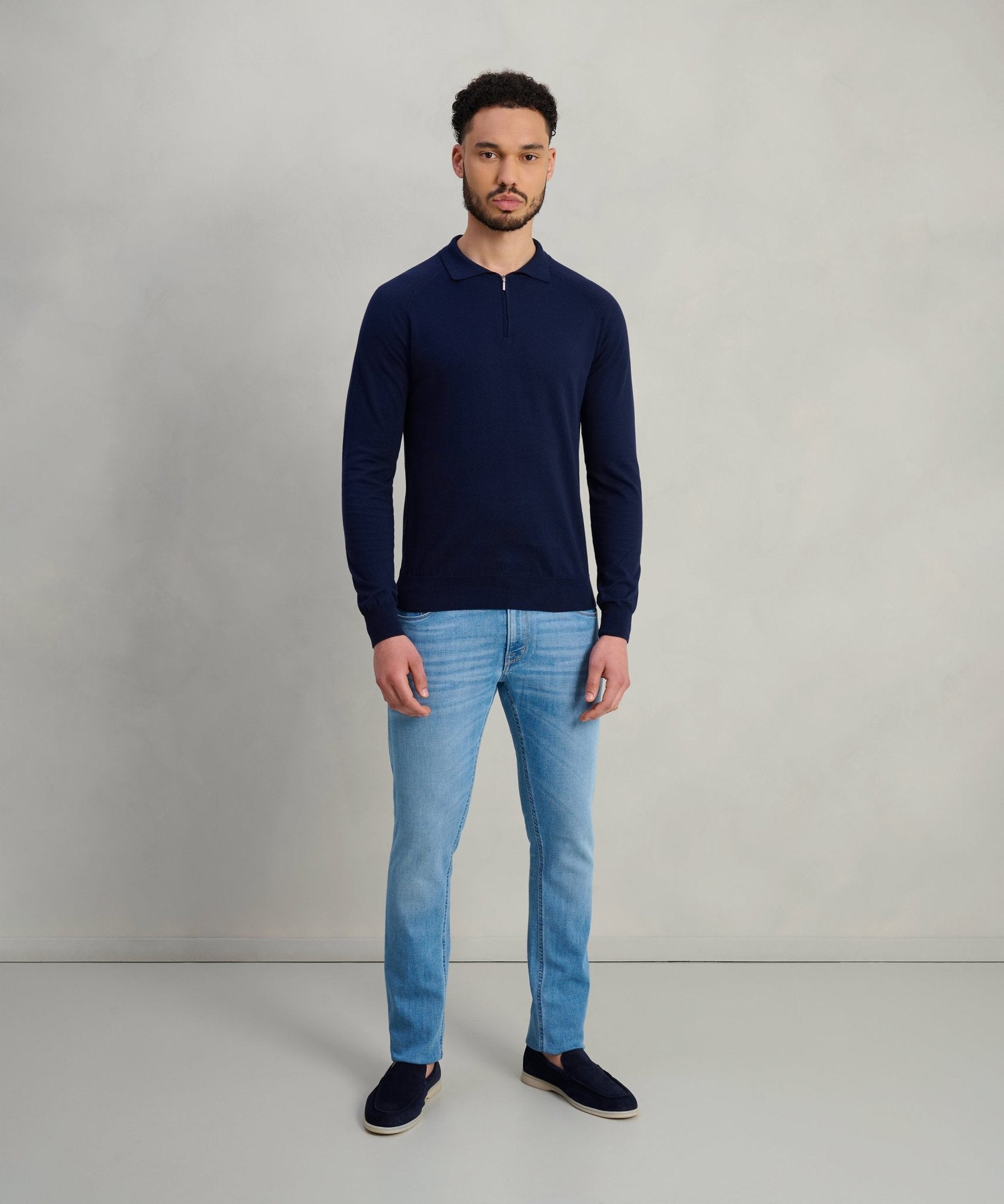 SOCI3TY Long sleeve raglan zip polo katoen donkerblauw - THE SOCIETY SHOP