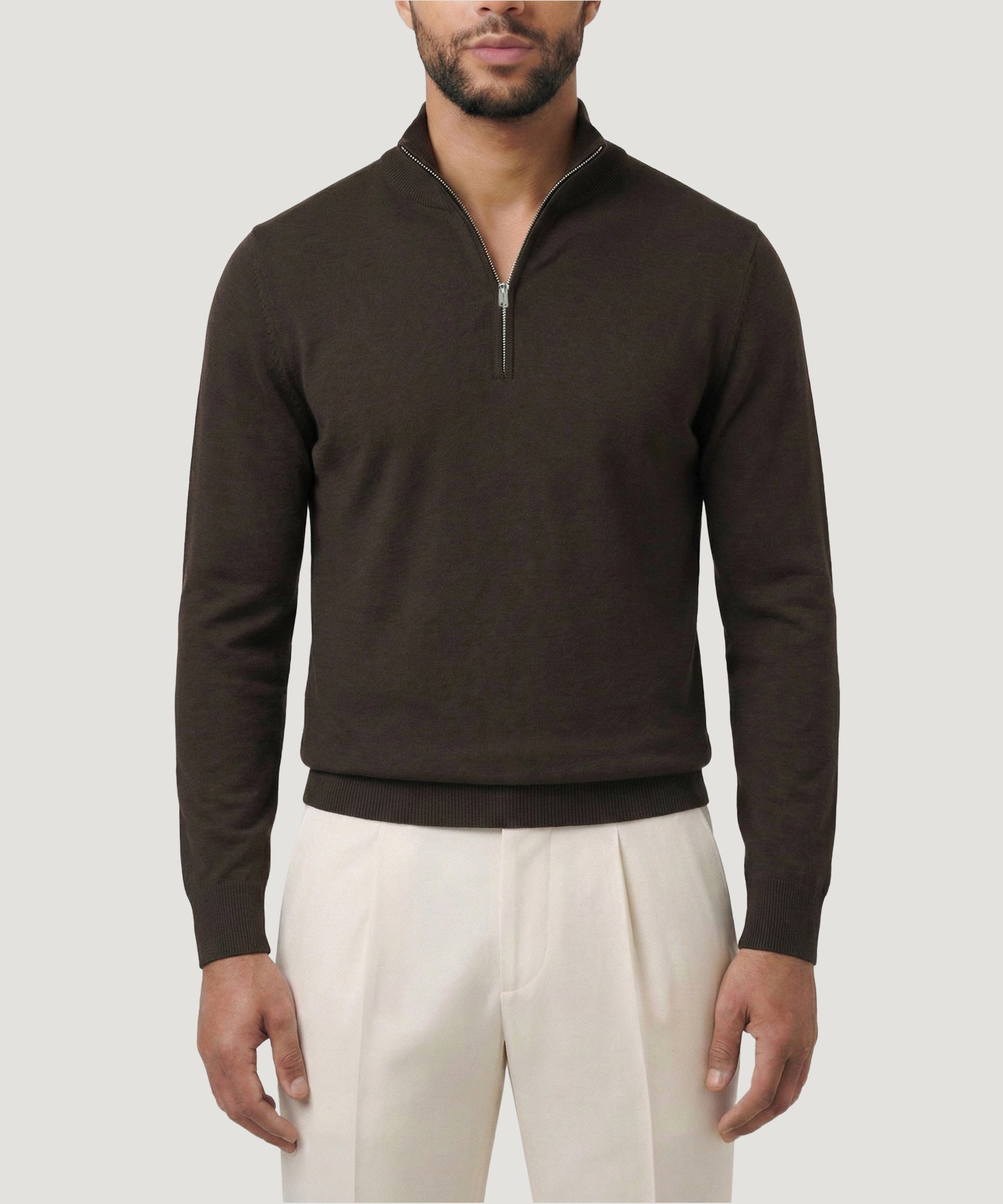 Profuomo Luxury basic half - zip trui donkerbruin - THE SOCIETY SHOP