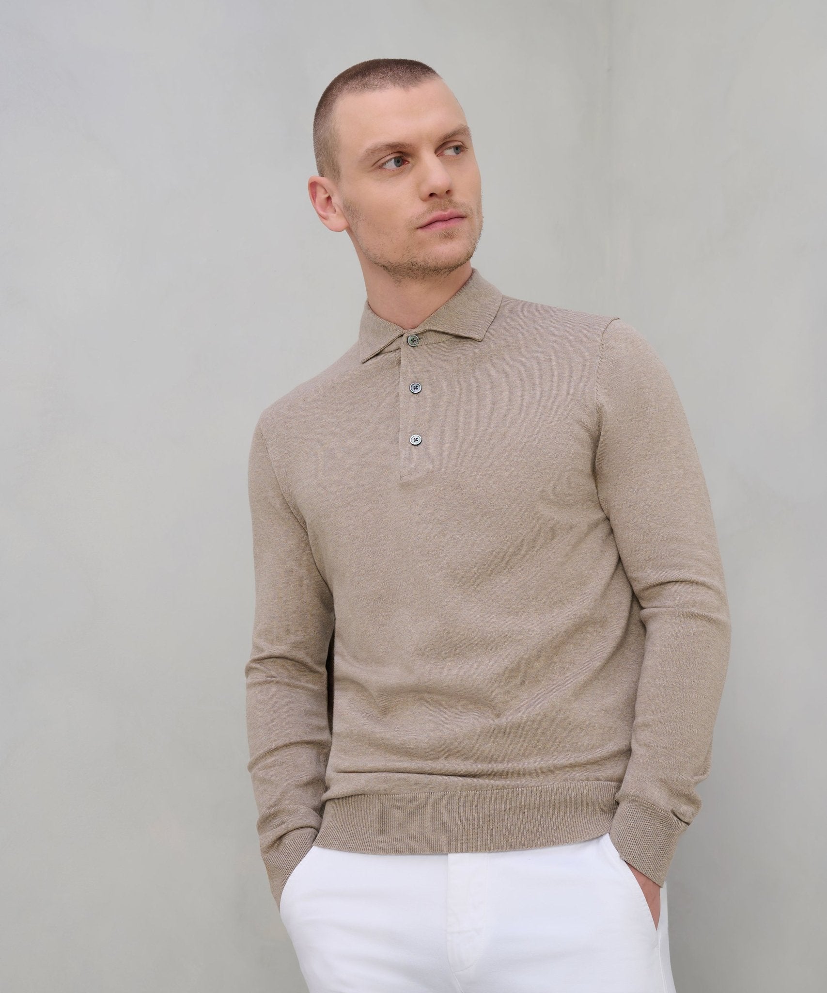 Profuomo Luxury basic long sleeve one piece polo Tencel/katoen/zijde beige - The Society Shop
