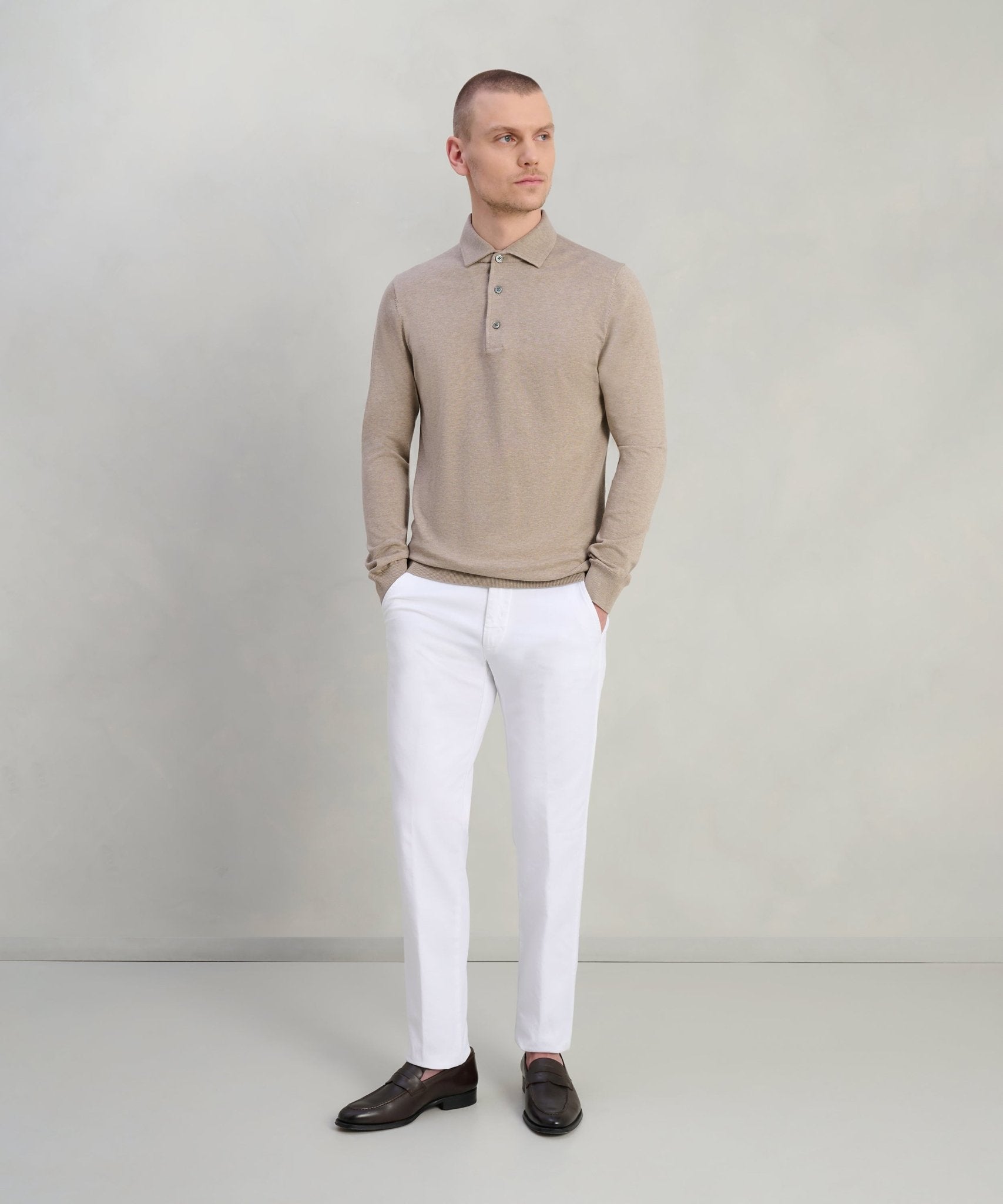 Profuomo Luxury basic long sleeve one piece polo Tencel/katoen/zijde beige - The Society Shop