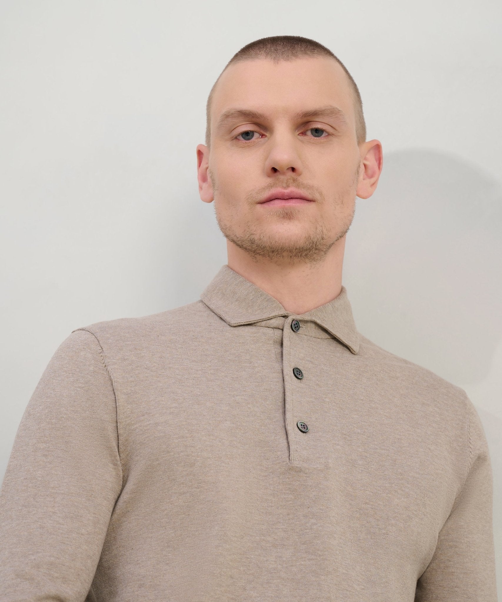 Profuomo Luxury basic long sleeve one piece polo Tencel/katoen/zijde beige - The Society Shop