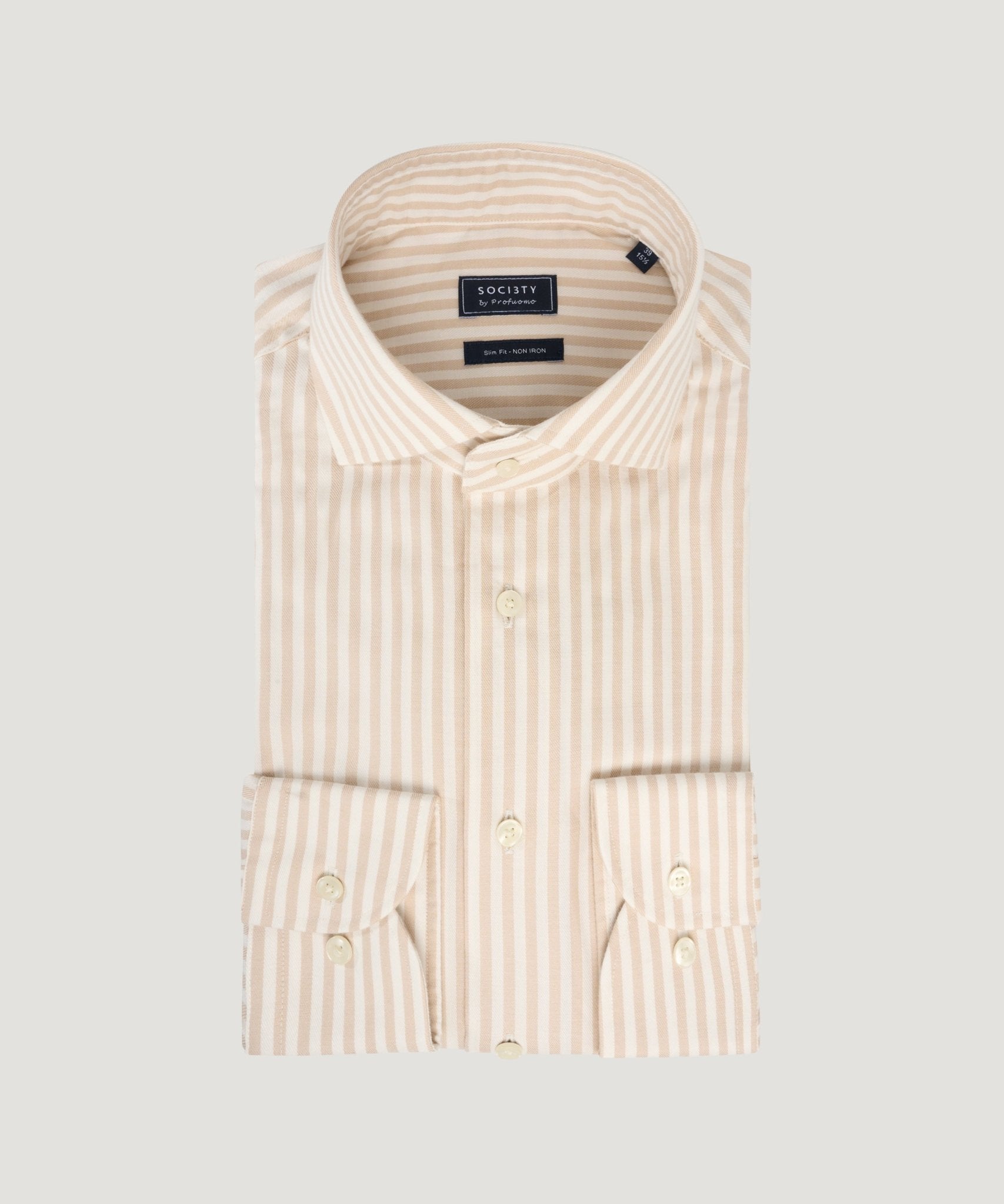 Profuomo Overhemd katoen twill beige gestreept - THE SOCIETY SHOP