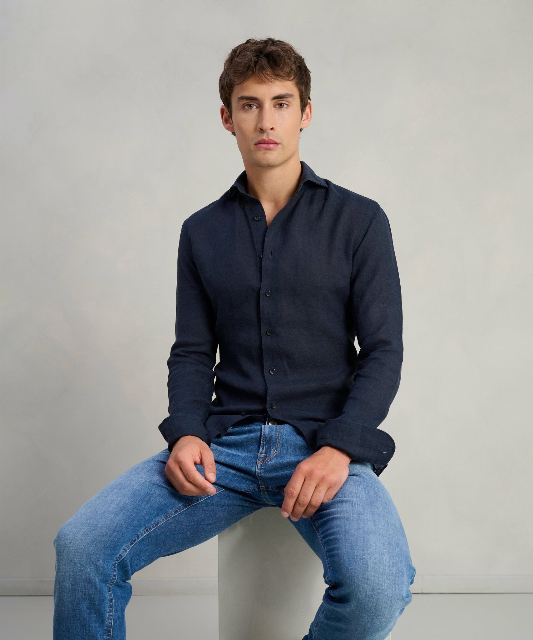 Profuomo Overhemd linnen donkerblauw - The Society Shop