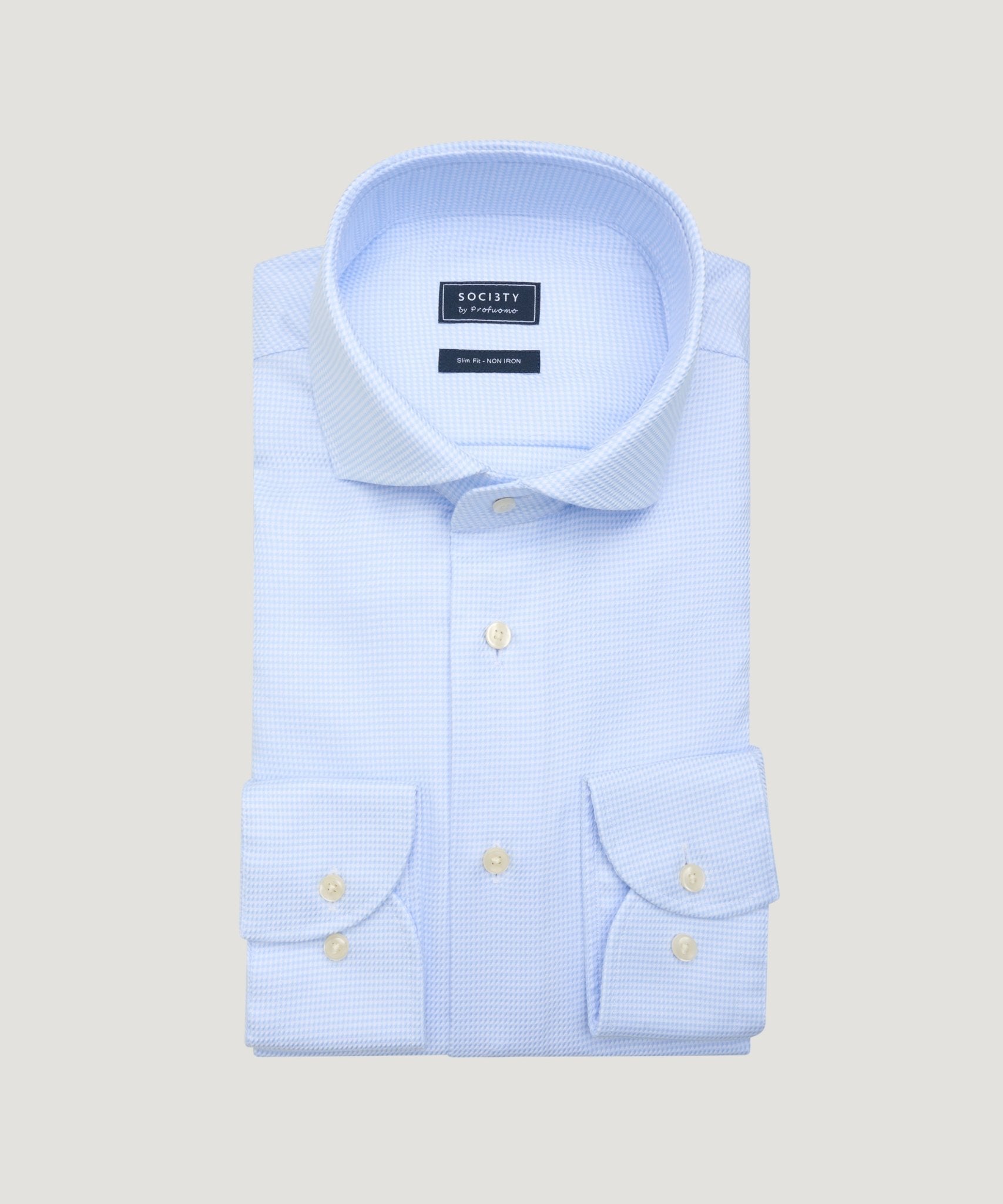 Profuomo Overhemd non iron katoen pied - de - poule lichtblauw - THE SOCIETY SHOP