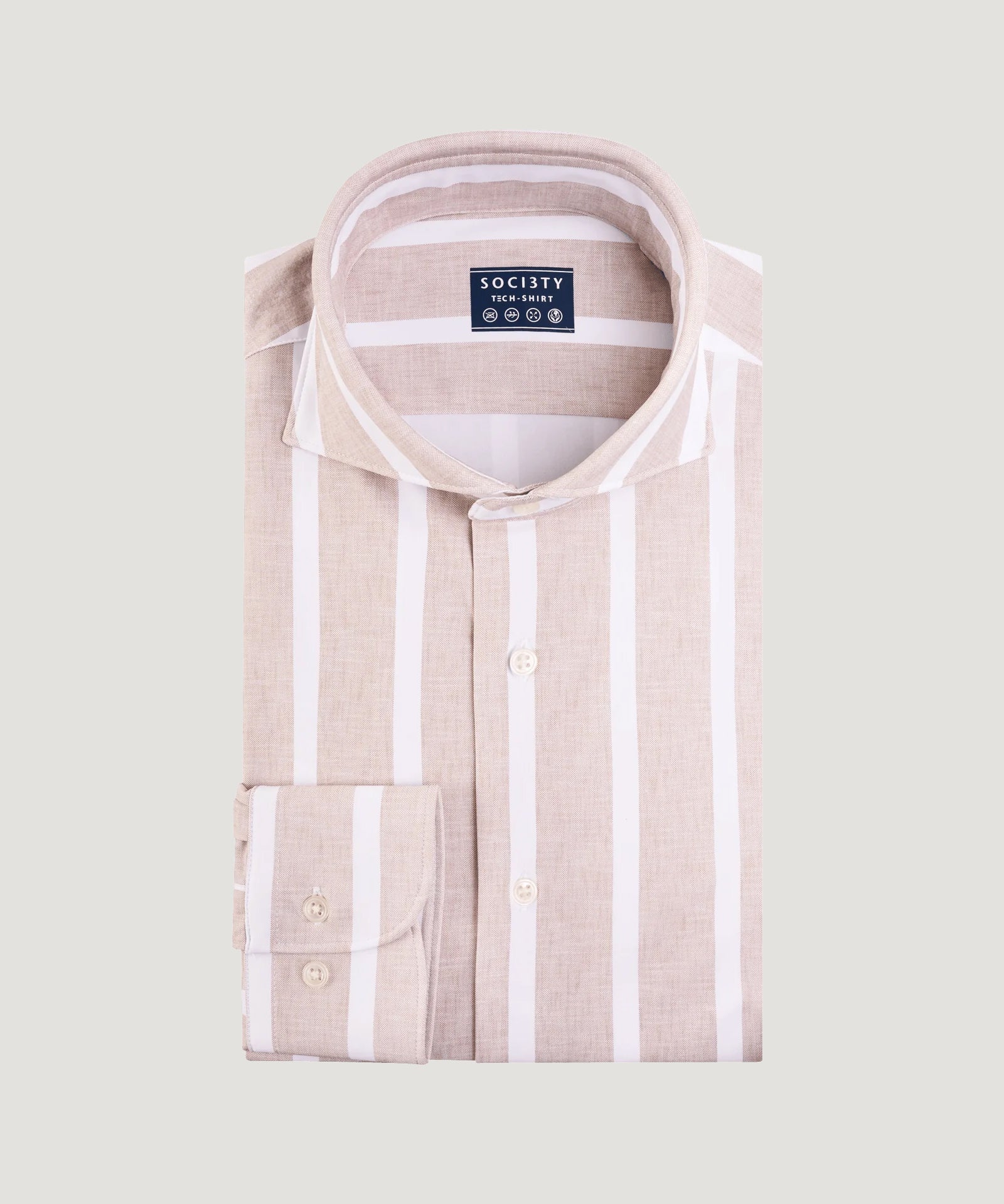 SOCI3TY Overhemd techfabric wit/taupe gestreept - The Society Shop