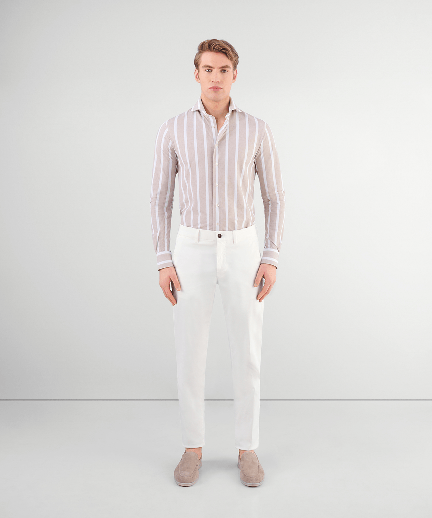 SOCI3TY Overhemd techfabric wit/taupe gestreept - The Society Shop