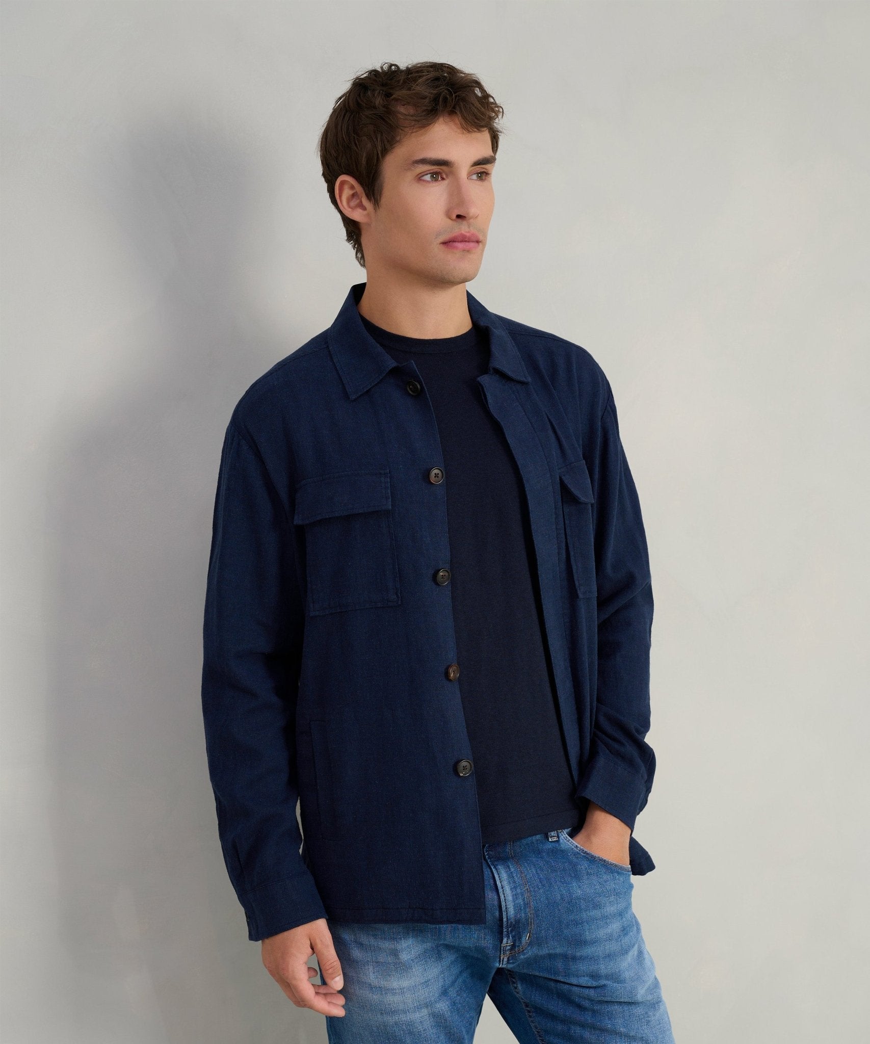 Profuomo Overshirt linnen/viscose stretch donkerblauw - The Society Shop