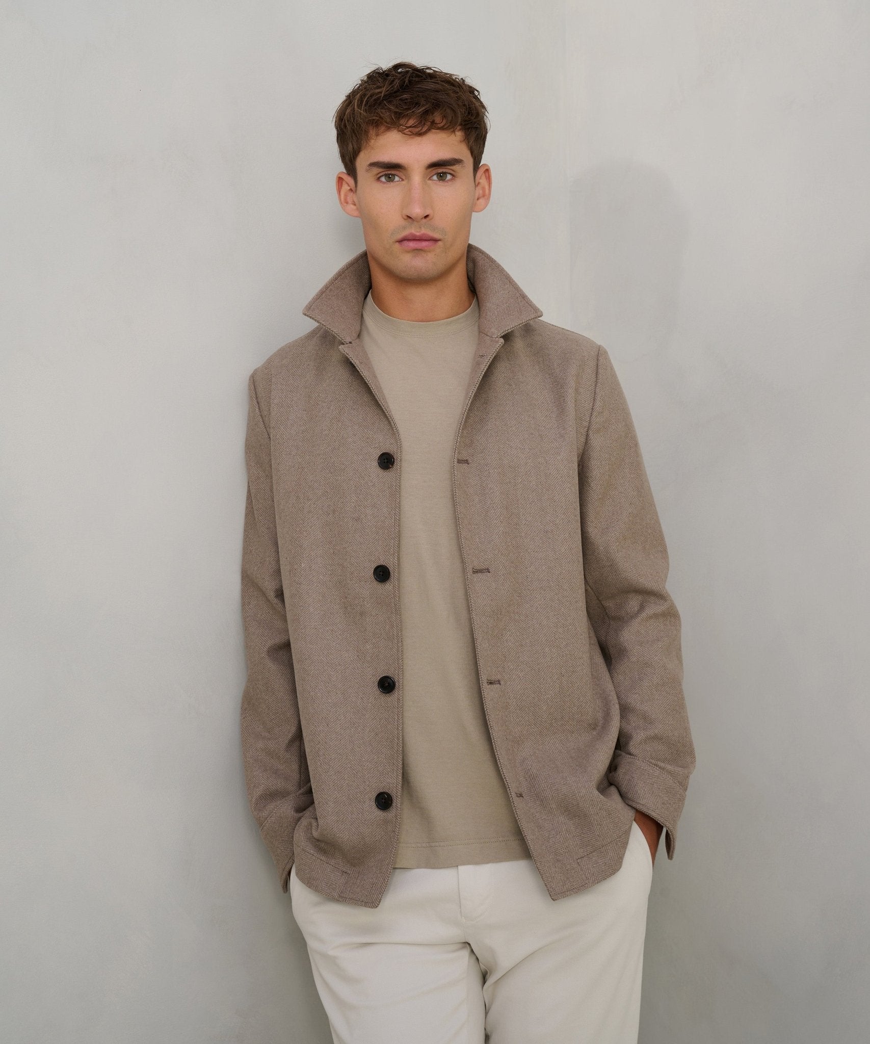 Profuomo Overshirt wol visgraat beige - THE SOCIETY SHOP