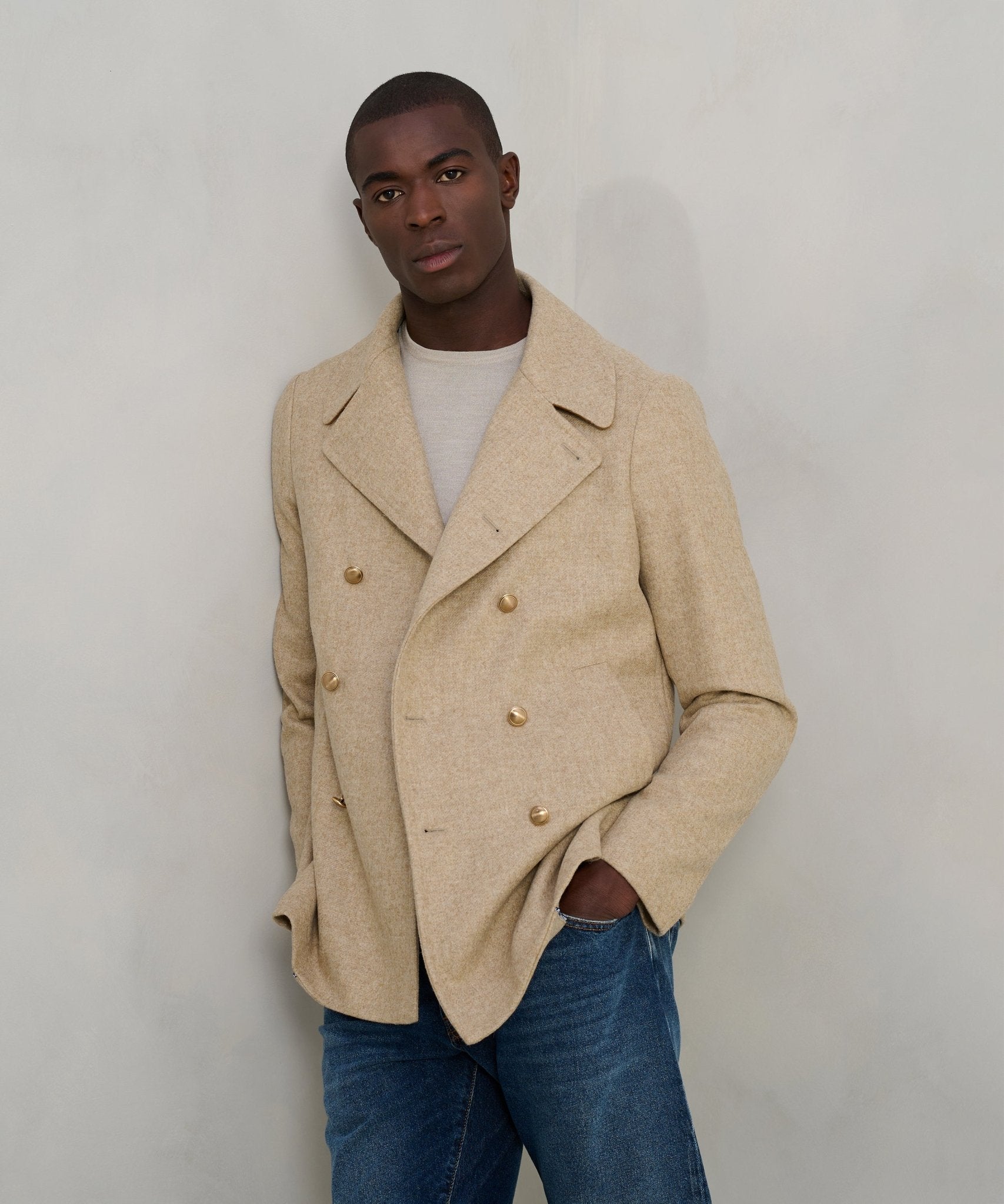 SOCI3TY Limited Pea coat Shetland wol beige - THE SOCIETY SHOP