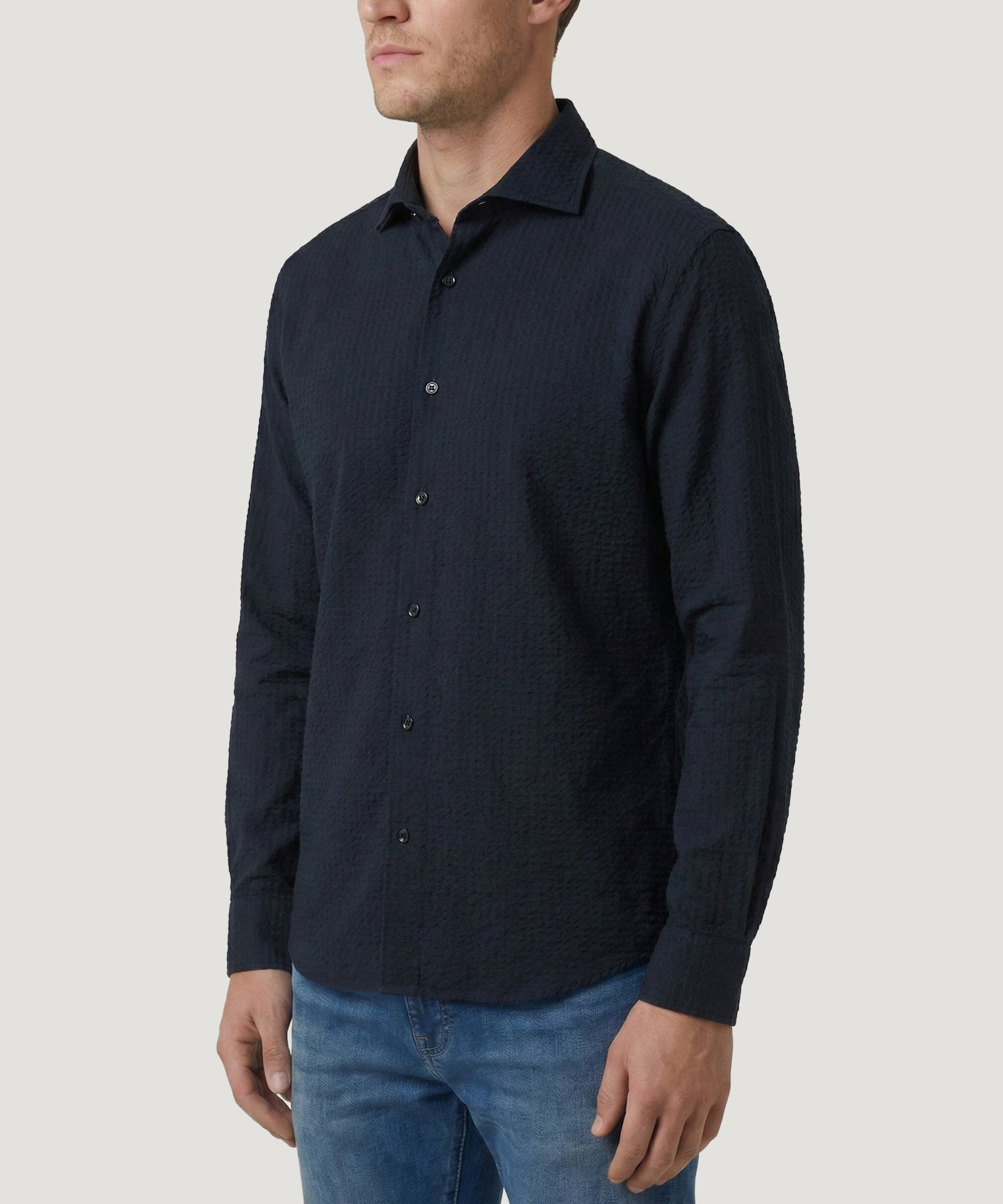 Profuomo Relaxed fit casual shirt katoen seersucker donkerblauw - THE SOCIETY SHOP