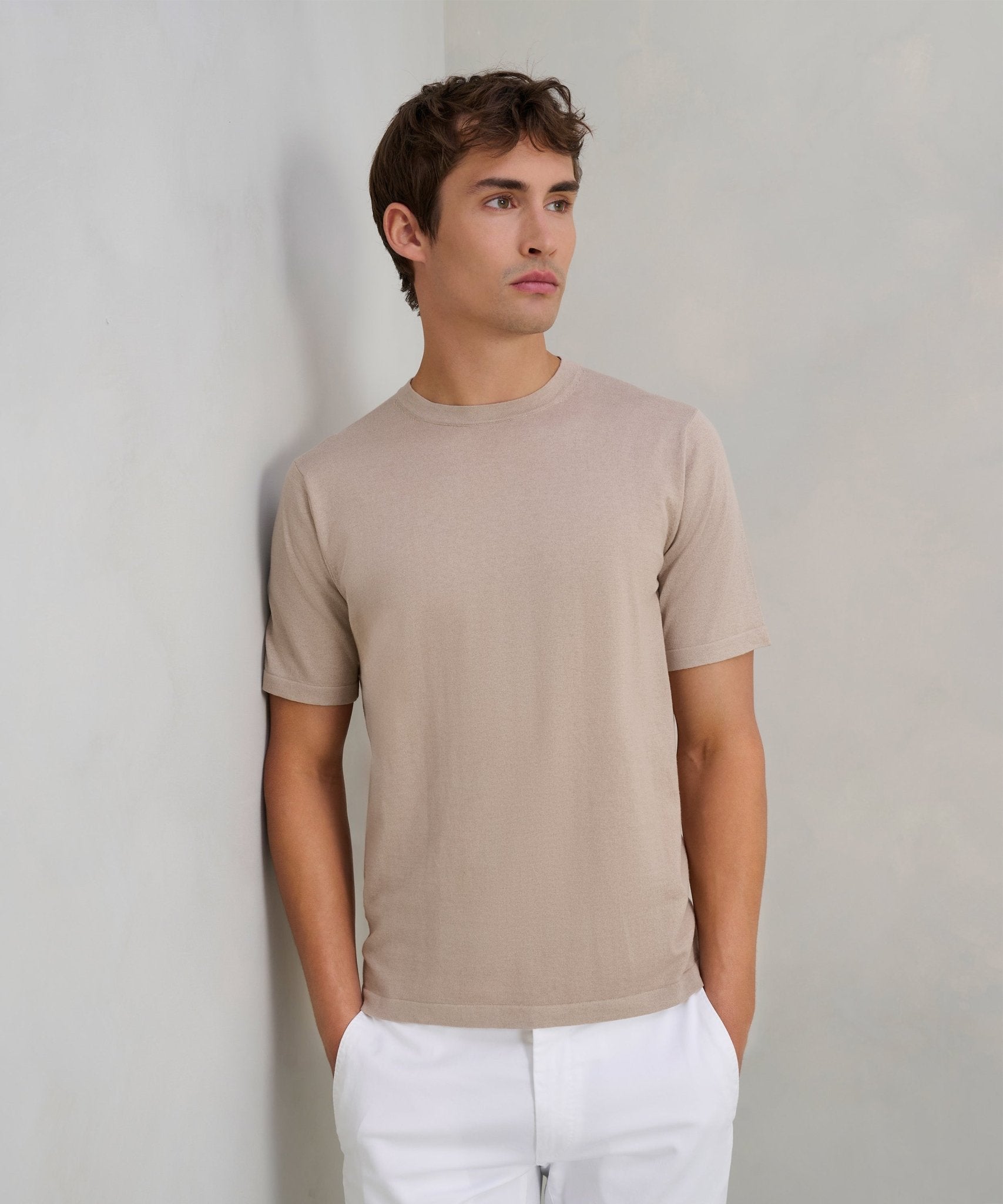 SOCI3TY T-shirt katoen/zijde/kasjmier beige - The Society Shop