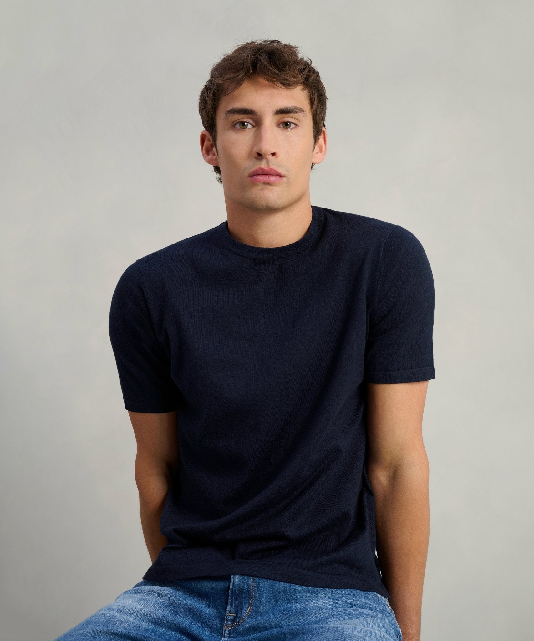 SOCI3TY T-shirt katoen/zijde/kasjmier donkerblauw - The Society Shop