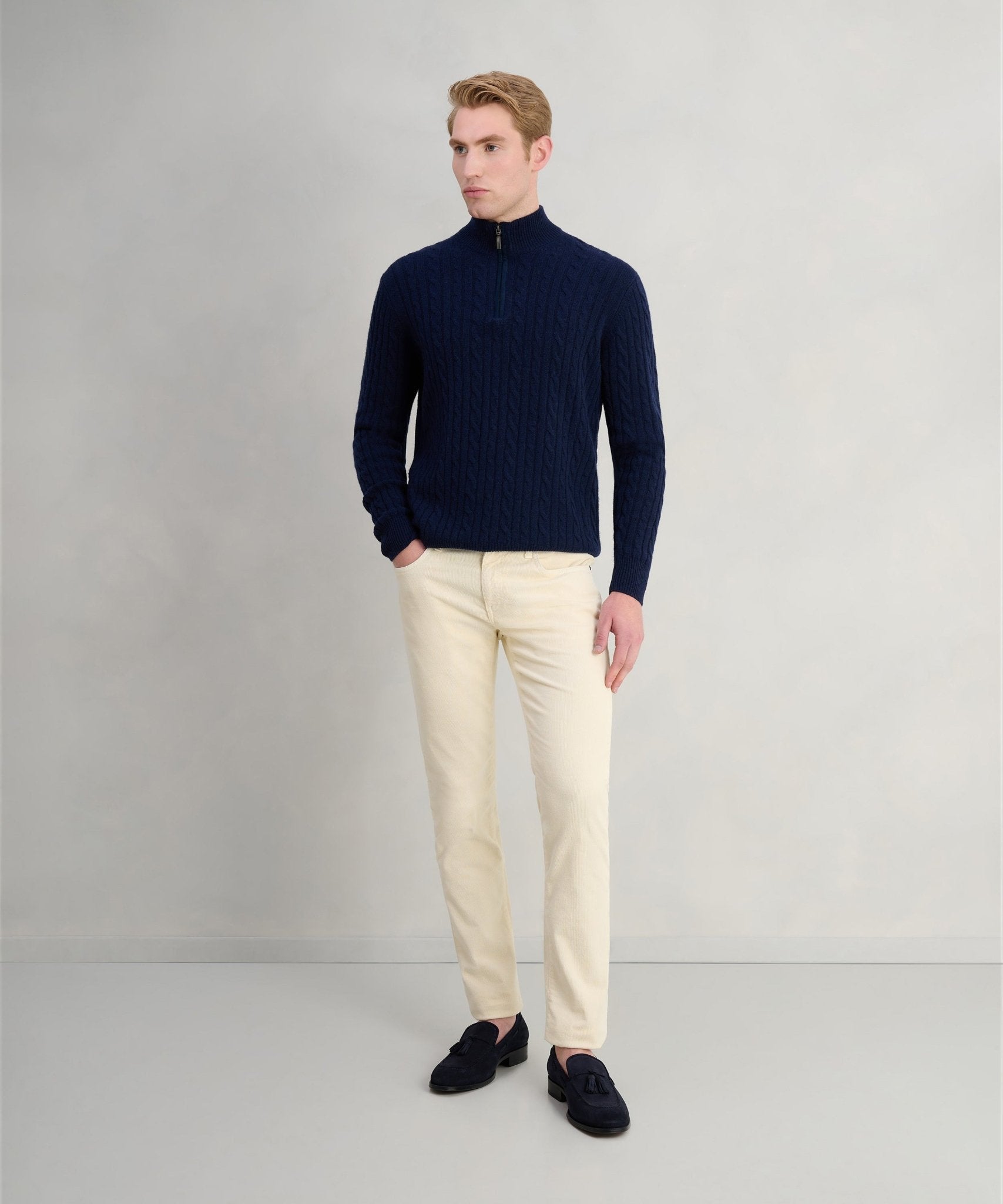 SOCI3TY Trui half - zip cable knit wol/kasjmier donkerblauw - The Society Shop