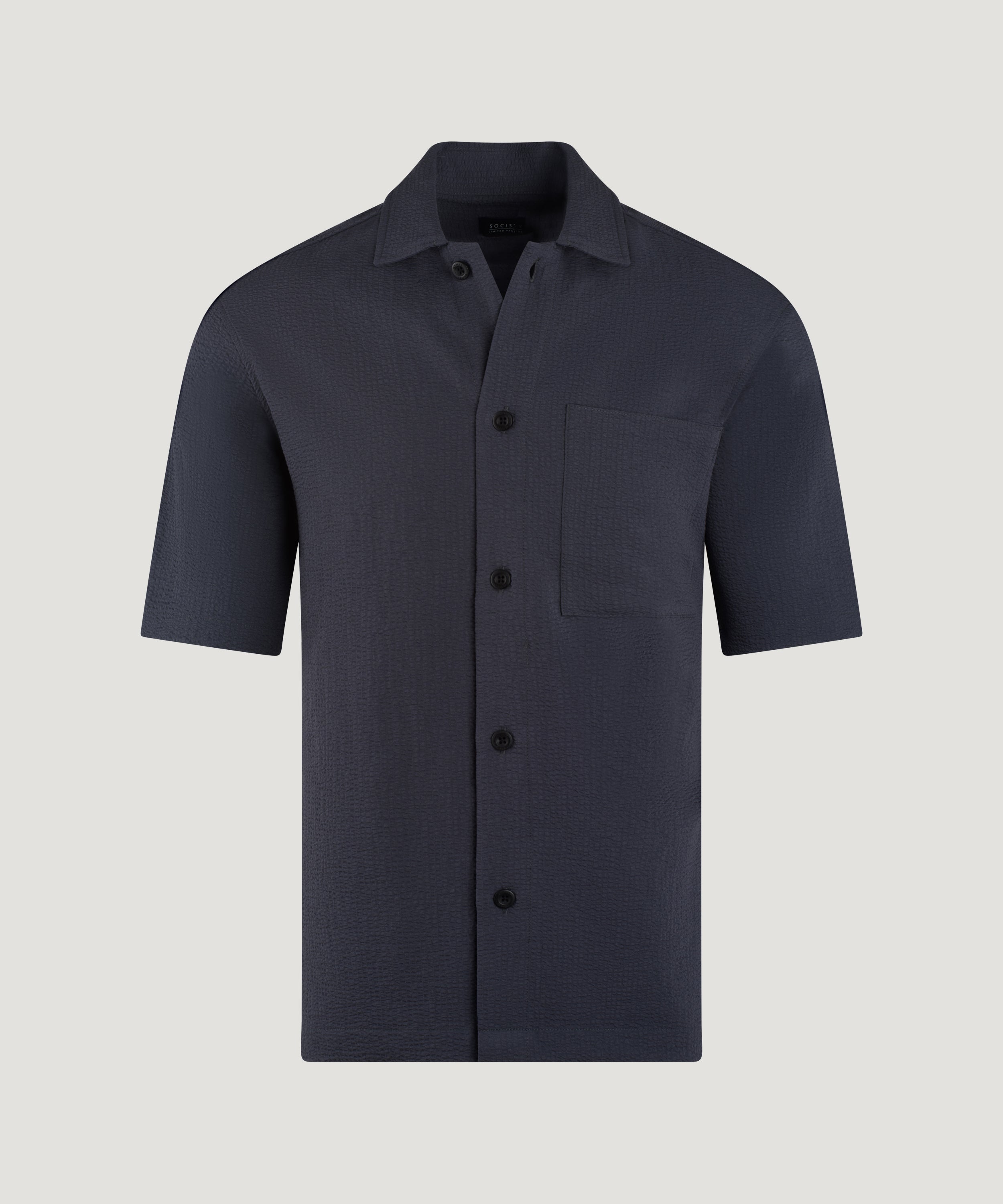 Seersucker camp collar shirt donkerblauw