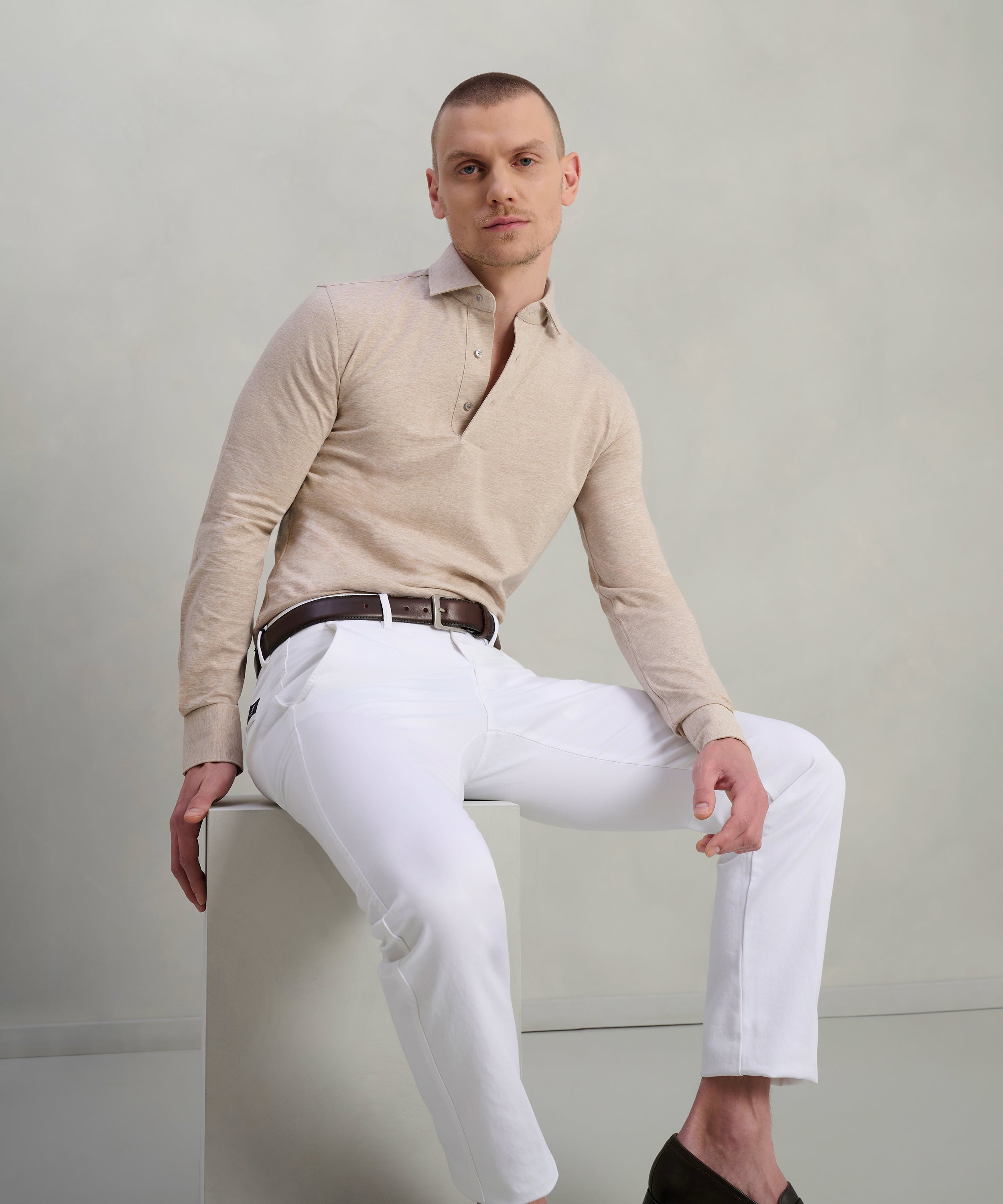 Lange mouwen polo lichtbeige katoen