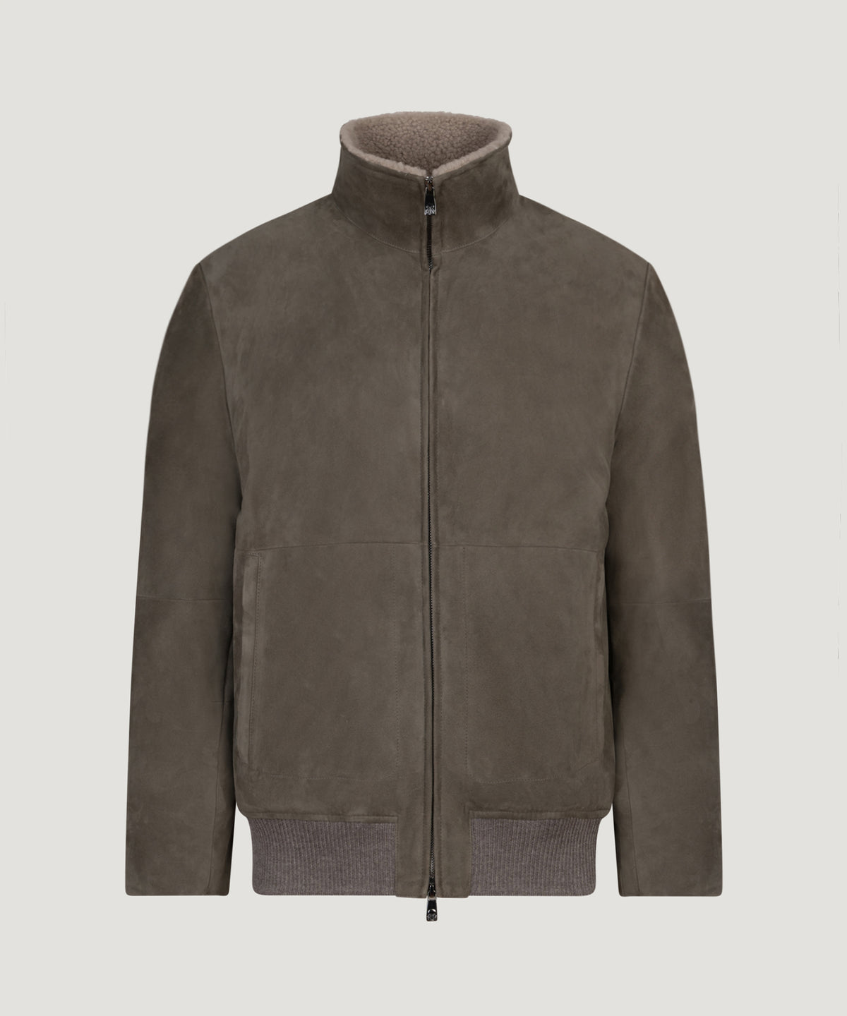 Suède jacket met shearling kraag taupe