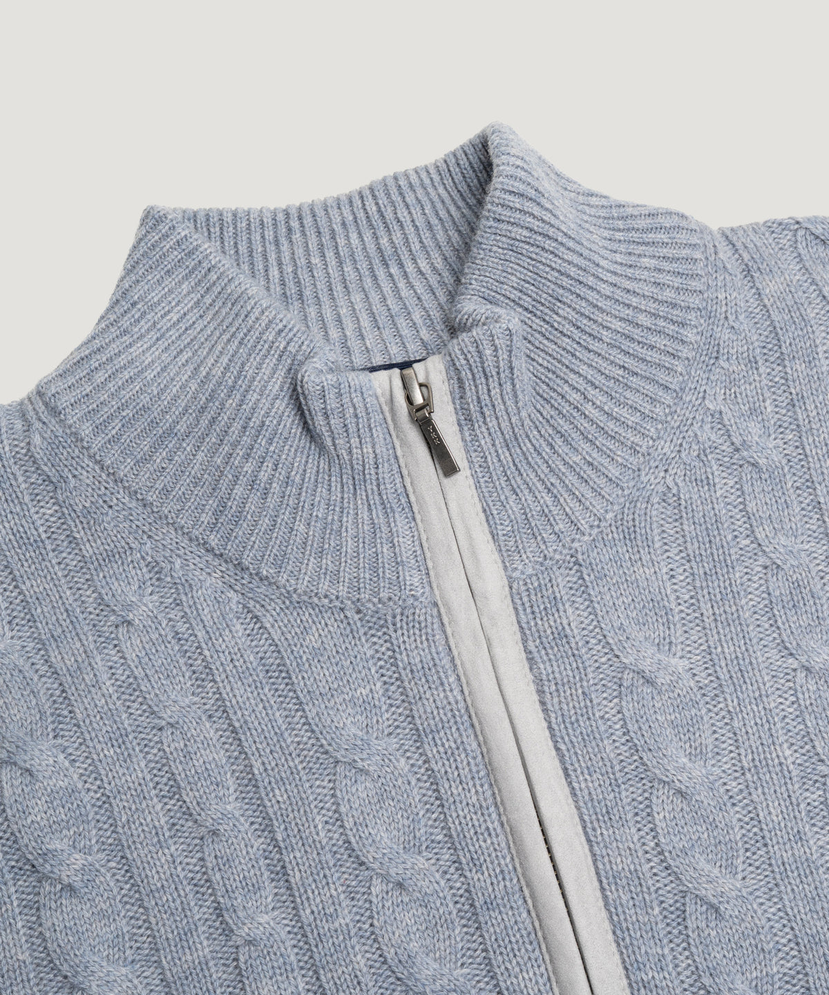 Kabel half-zip trui wol/kasjmier lichtblauw melange