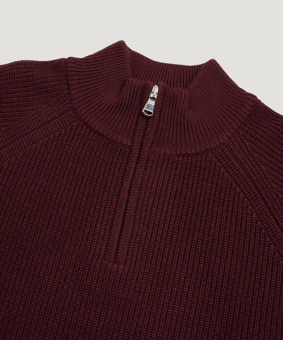 Raglan rib half-zip trui scheerwol bordeauxrood