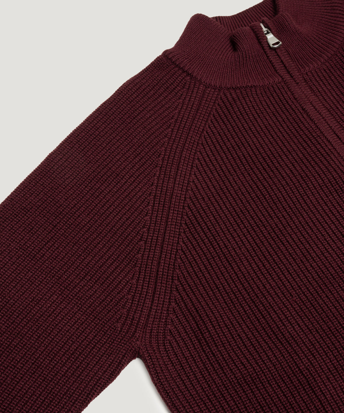 Raglan rib half-zip trui scheerwol bordeauxrood