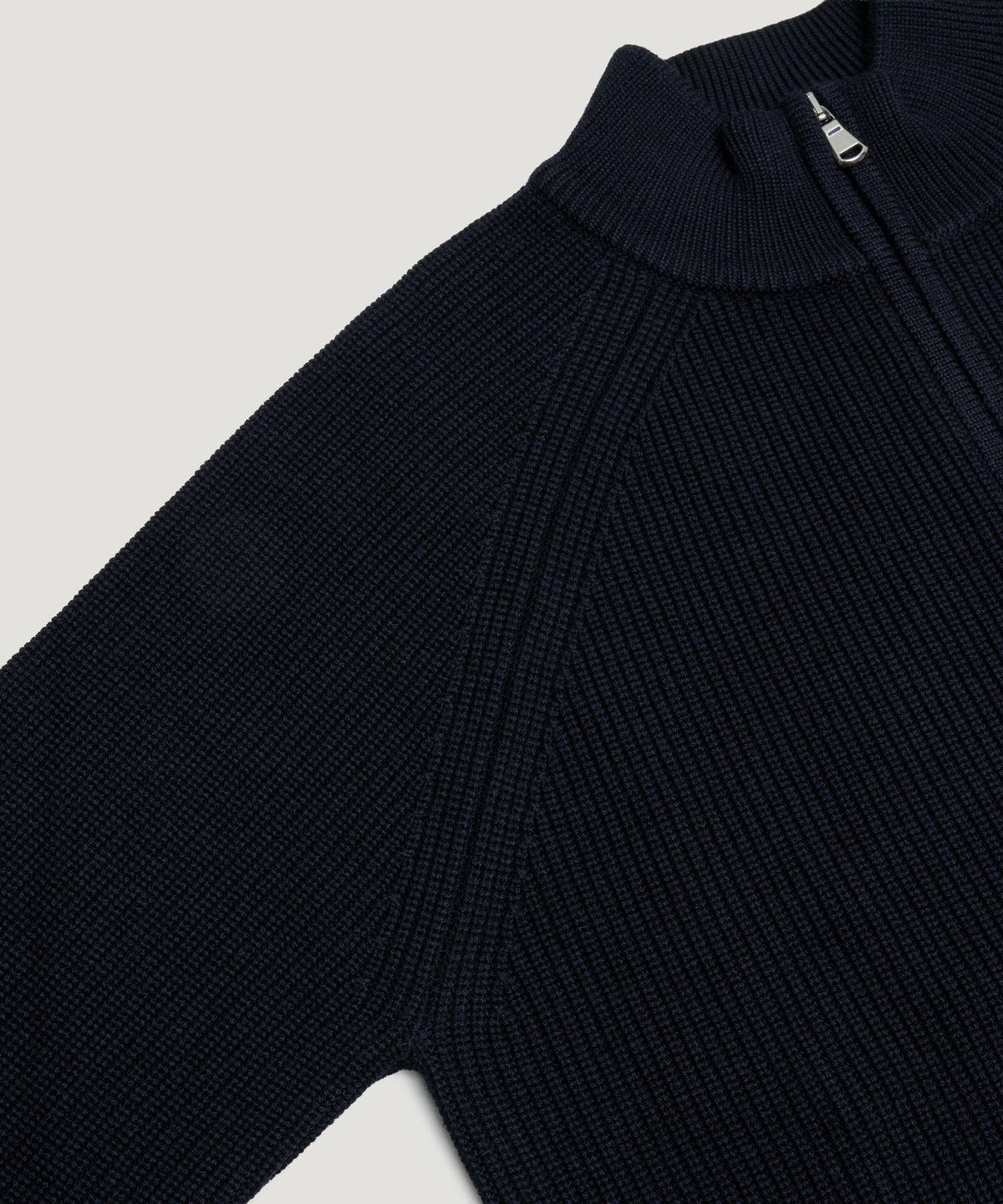 Raglan rib half-zip trui scheerwol donkerblauw