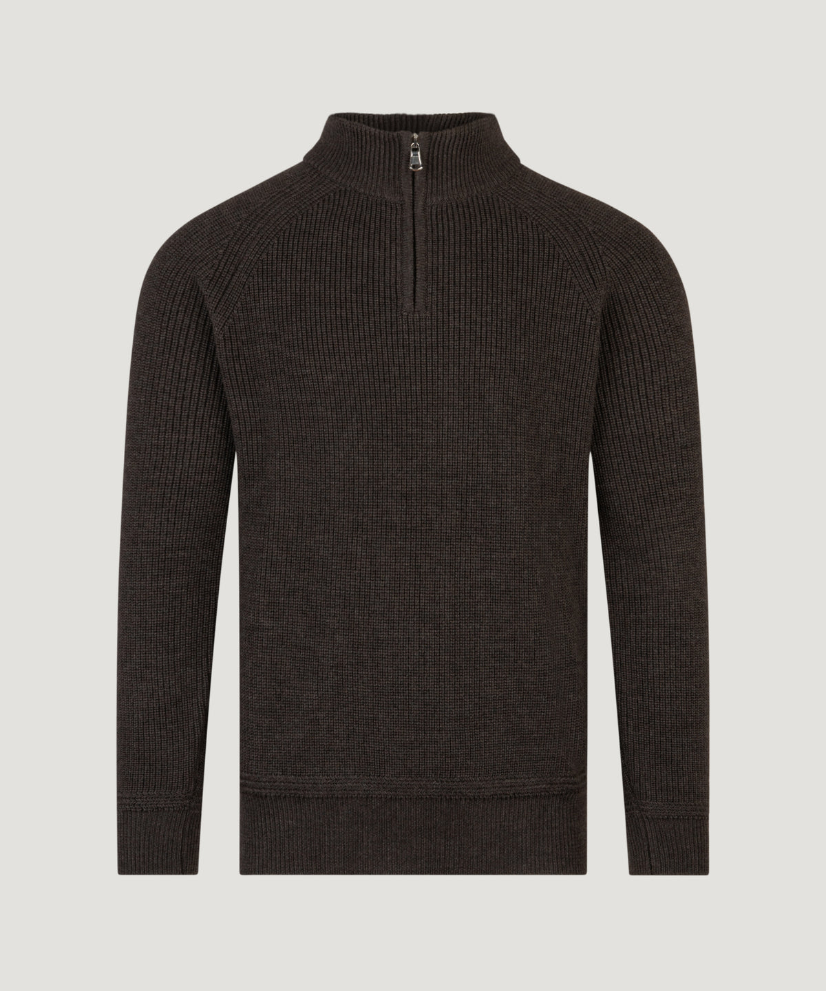 Raglan rib half-zip trui scheerwol donkerbruin