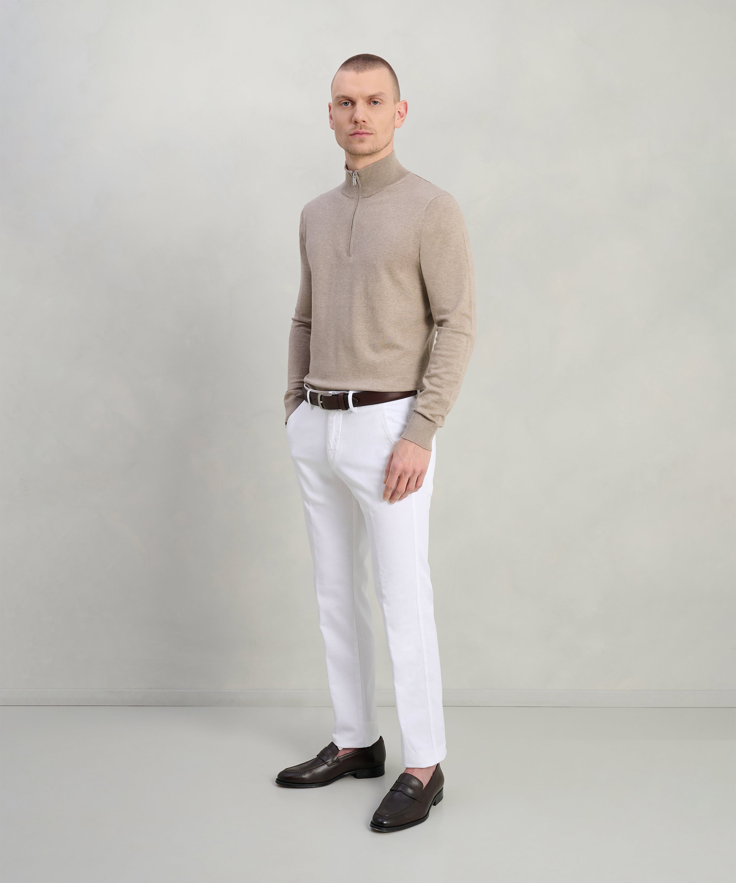 Luxury basic half-zip trui Tencel/katoen/zijde beige