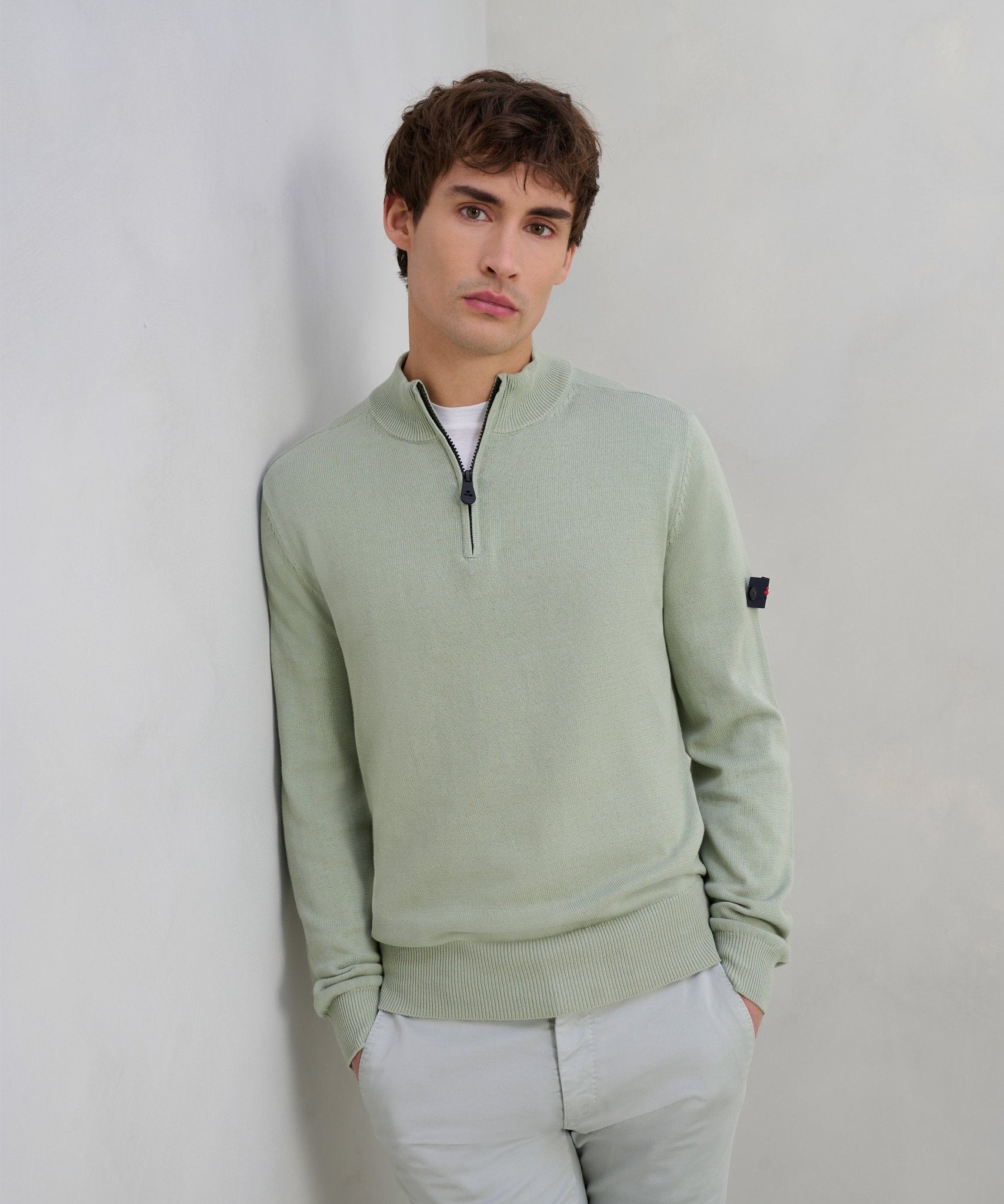 Peuterey Asbury trui half - zip katoen sage green - The Society Shop