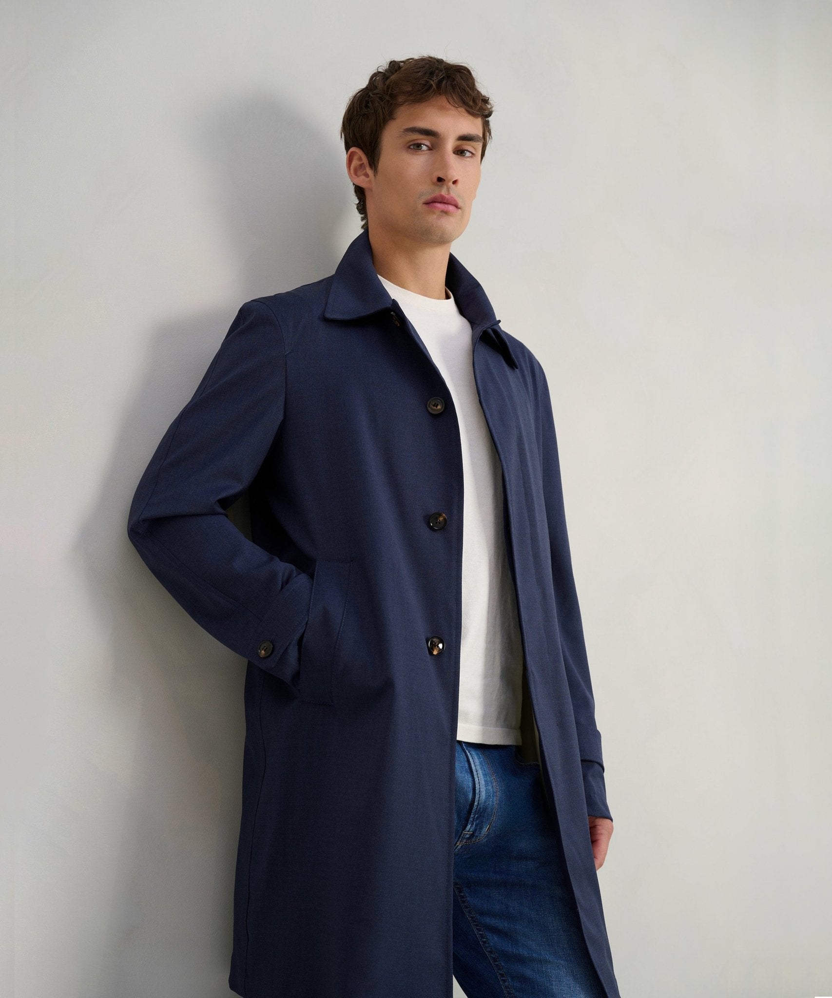 SOCI3TY Car coat wol stretch donkerblauw melange (by Reda) - The Society Shop