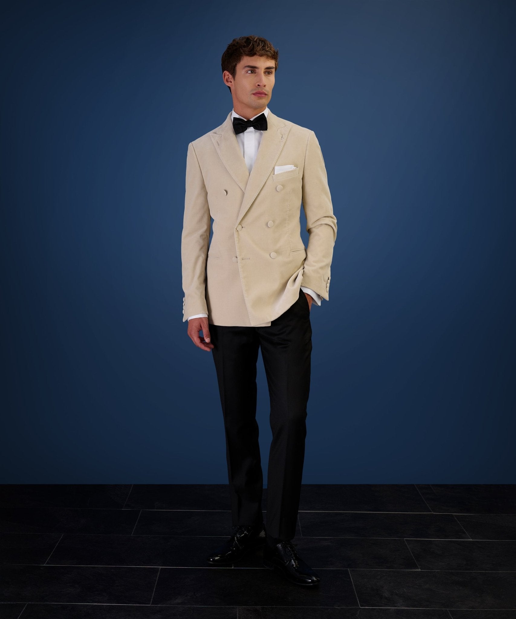 SOCI3TY Limited Double - breasted dinner jacket velvet stretch beige (woven by Pontoglio) - The Society Shop