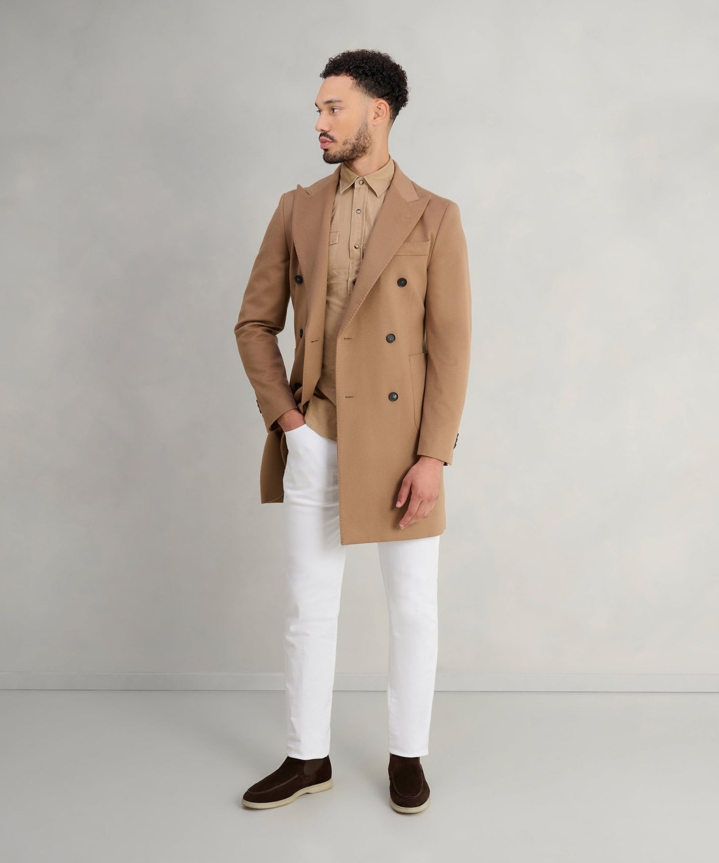 SOCI3TY Double - breasted overjas virgin wool camel (woven by Loro Piana) - The Society Shop