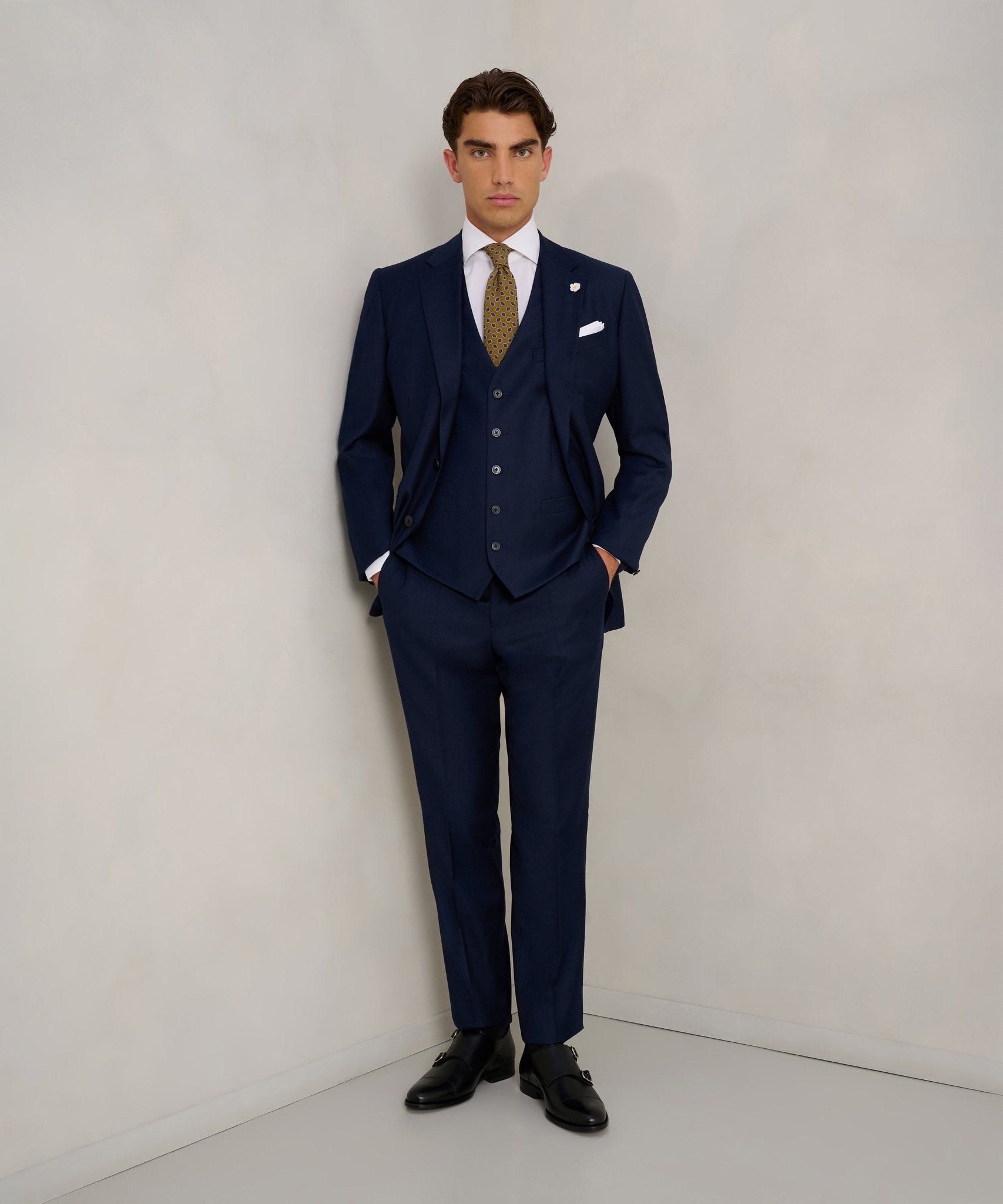 SOCI3TY Limited Driedelig pak Super 130's wol donkerblauw - THE SOCIETY SHOP