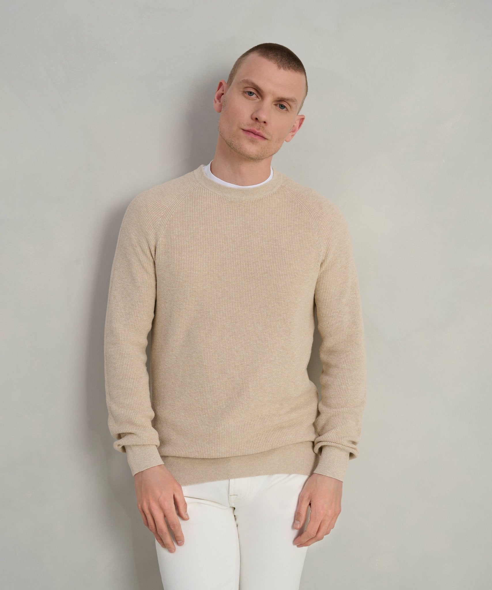 SOCI3TY Fisherman ribbed trui crewneck katoen linnen zand - THE SOCIETY SHOP
