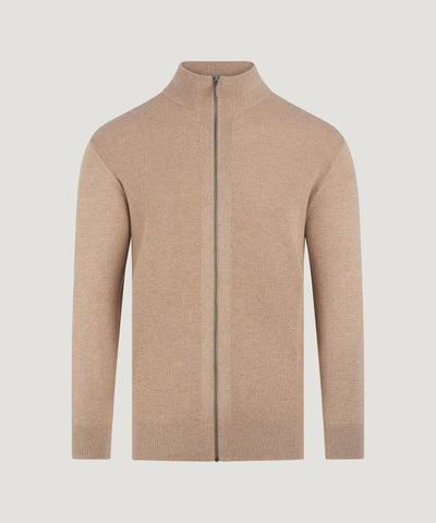 SOCI3TY Limited Full - zip knitted vest extrafine merino/katoen lichtbruin - THE SOCIETY SHOP