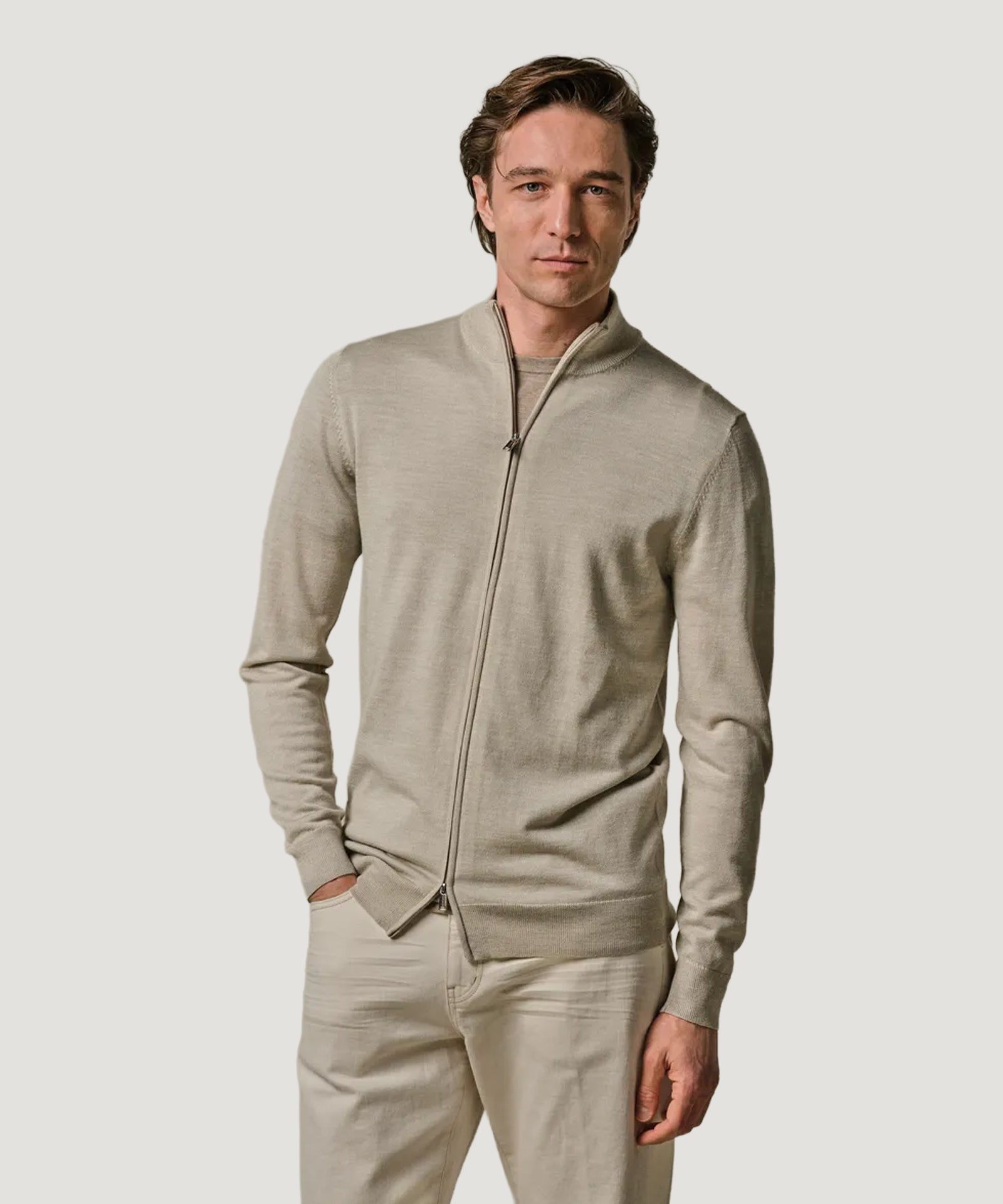 Profuomo Full - zip merino cardigan beige - THE SOCIETY SHOP
