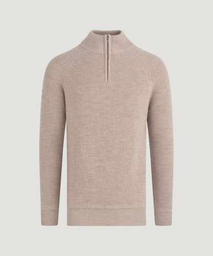 SOCI3TY Grofgebreide trui half - zip merinowol beige - The Society Shop